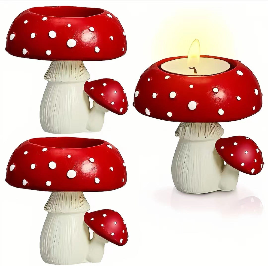 Resin toadstool mushroom woodland candle holder with decorative design, ideal for holding small candles or votives.