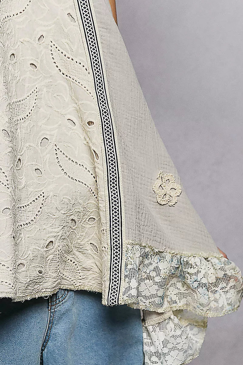 Light taupe lace ruffle halter neck blouse with double gauze fabric and crochet patch detail, stylish Trendsi crochet top.