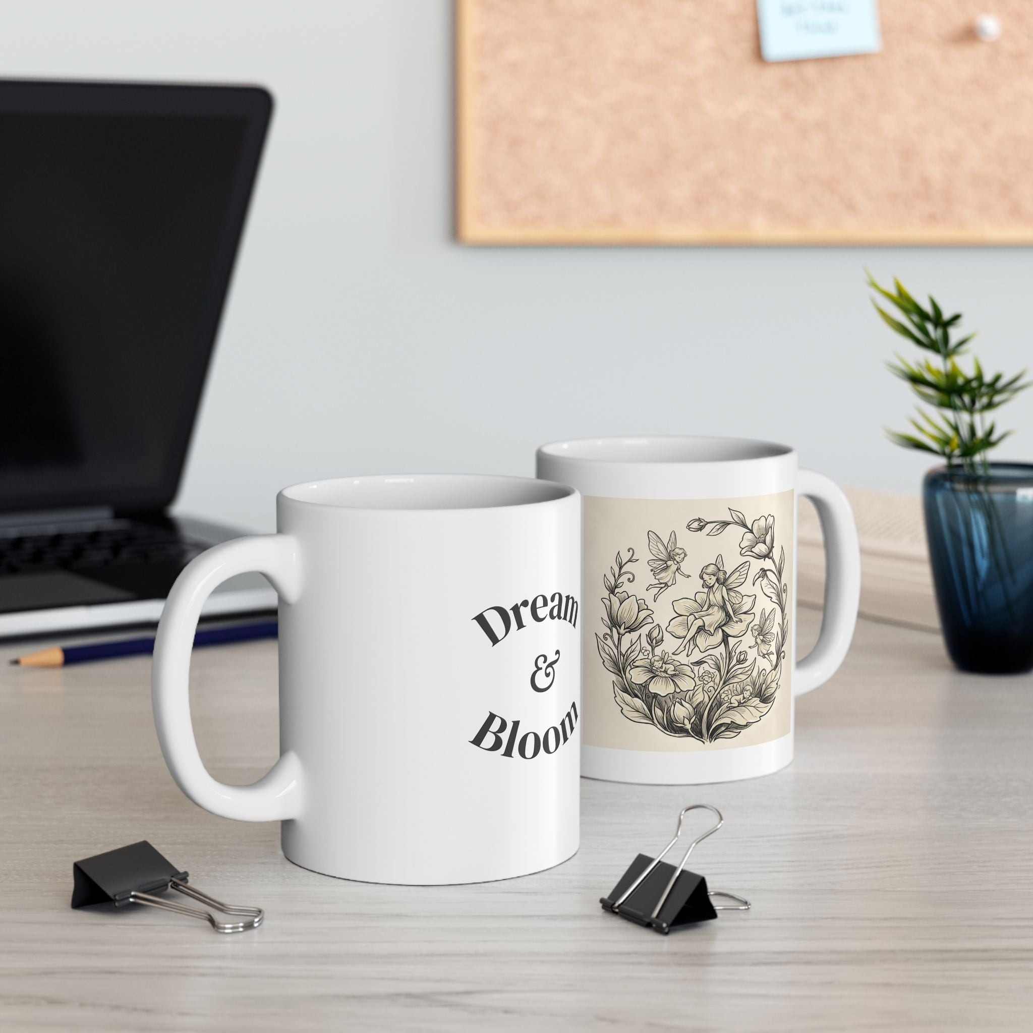Ceramic floral fairy mug with vintage botanical design, available in 11oz and 15oz sizes, by Printify.