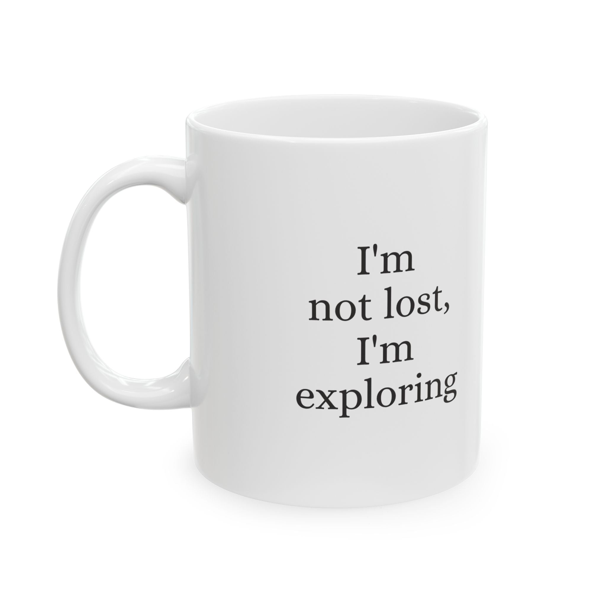 Vintage Woodland Fairy coffee mug with "I'm not lost, I'm exploring" quote, featuring whimsical fairy design, by Printify.