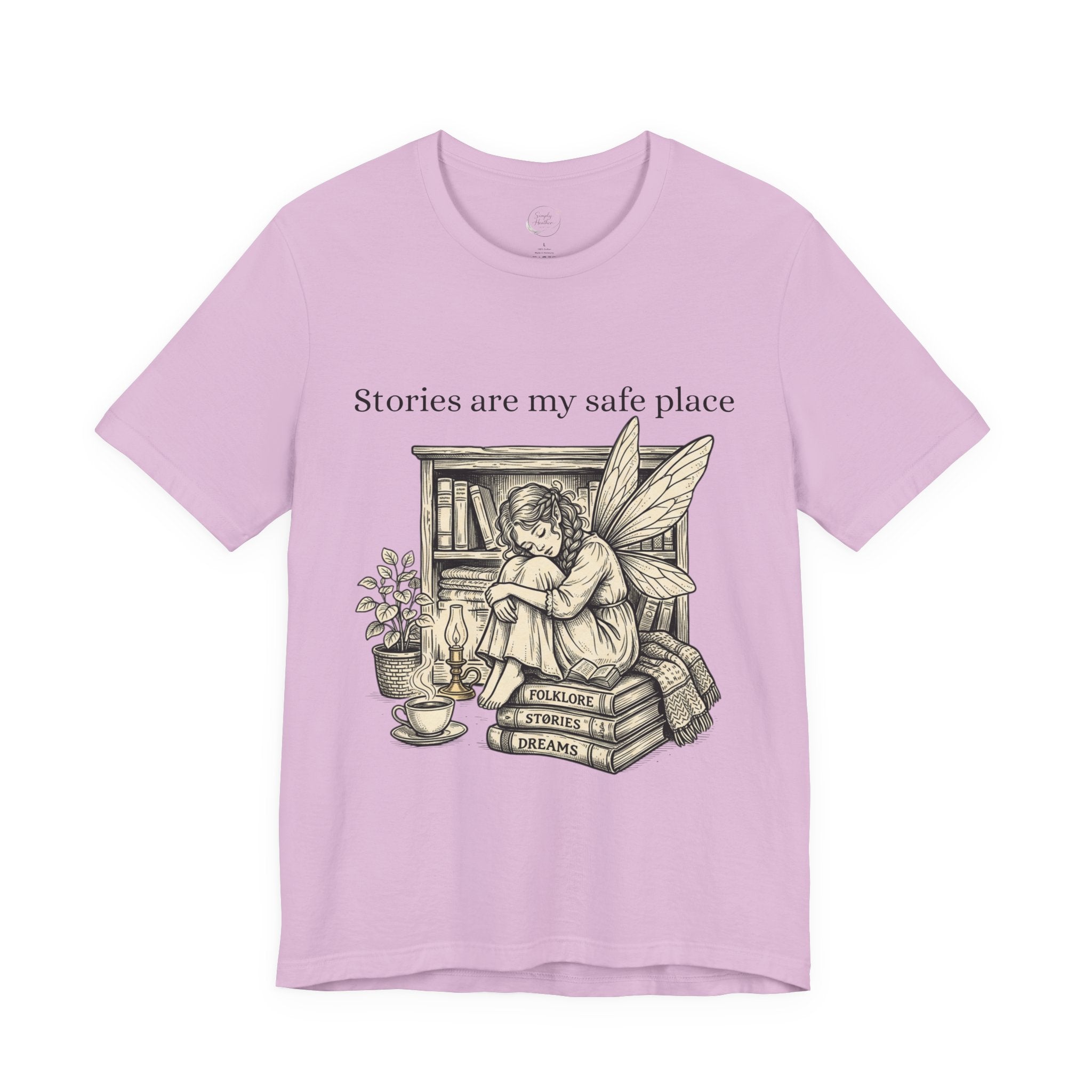 Fairy reading booklover T-shirt with "Stories Are My Safe Place" slogan, casual cotton tee for book enthusiasts.
