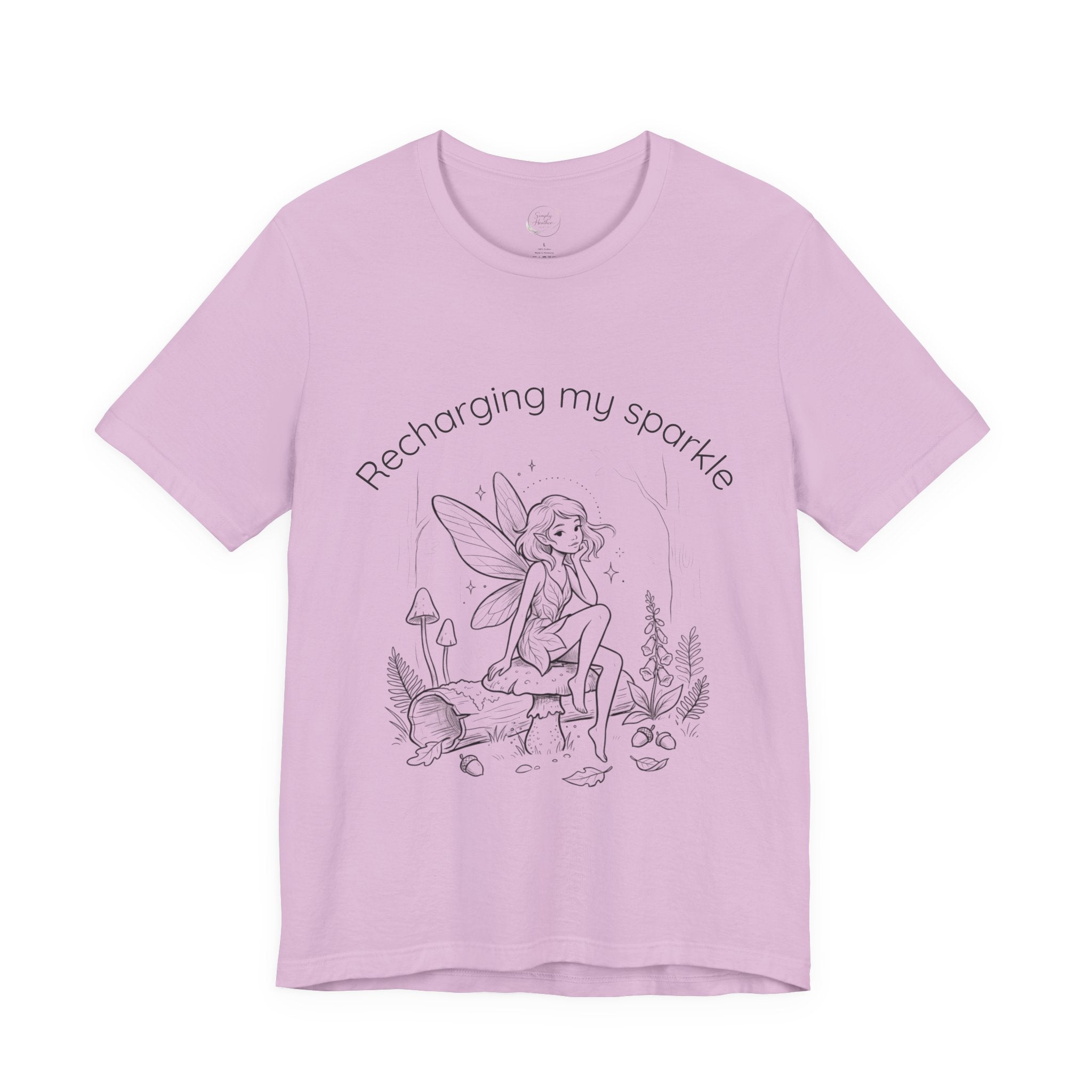 Vintage fairy graphic T-shirt with "Recharging My Sparkle" slogan, featuring a whimsical fairy design on a Printify T-shirt.