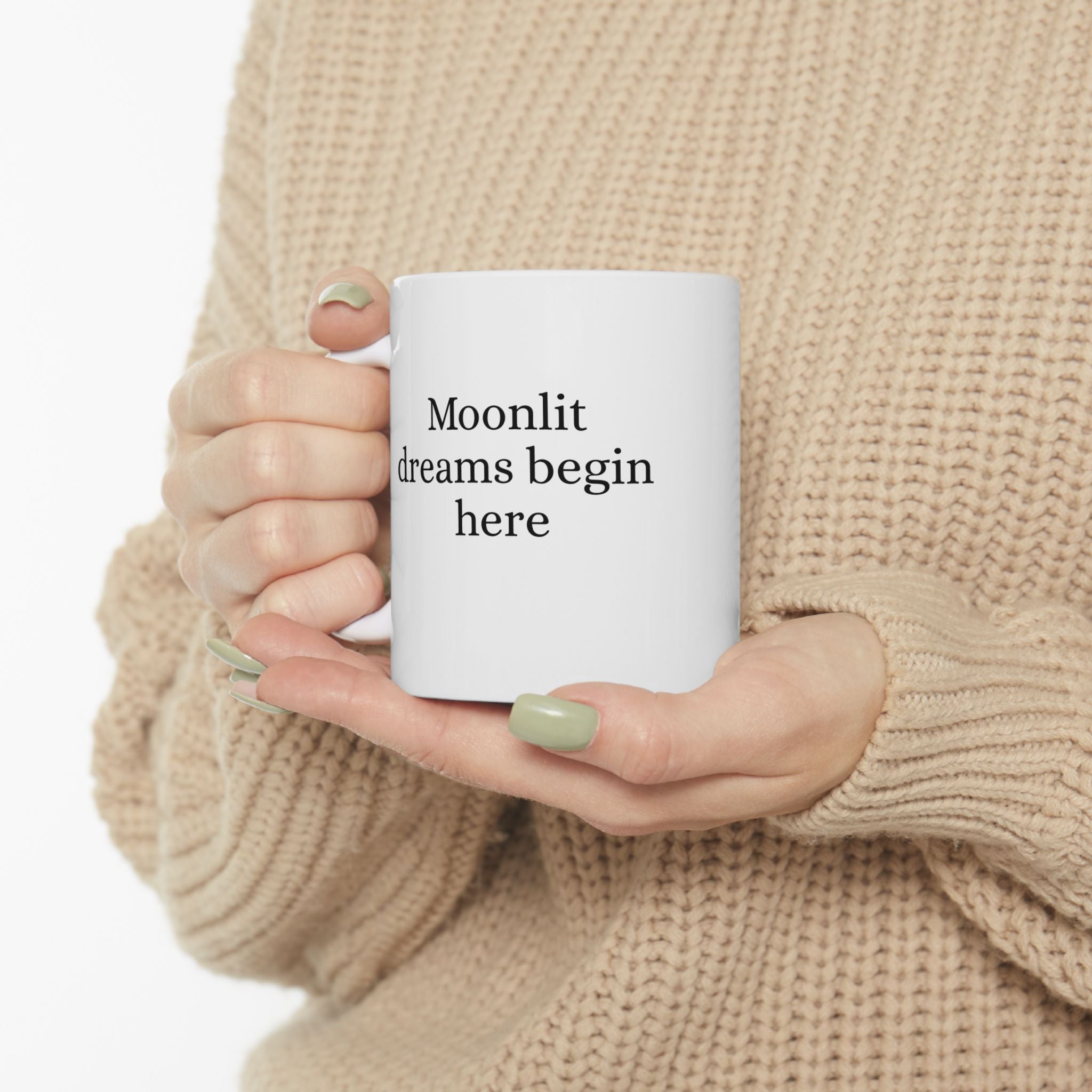 Ceramic mug with butterfly and moon fairy design, 11oz or 15oz size, by Printify, featuring colorful fairy and celestial artwork.