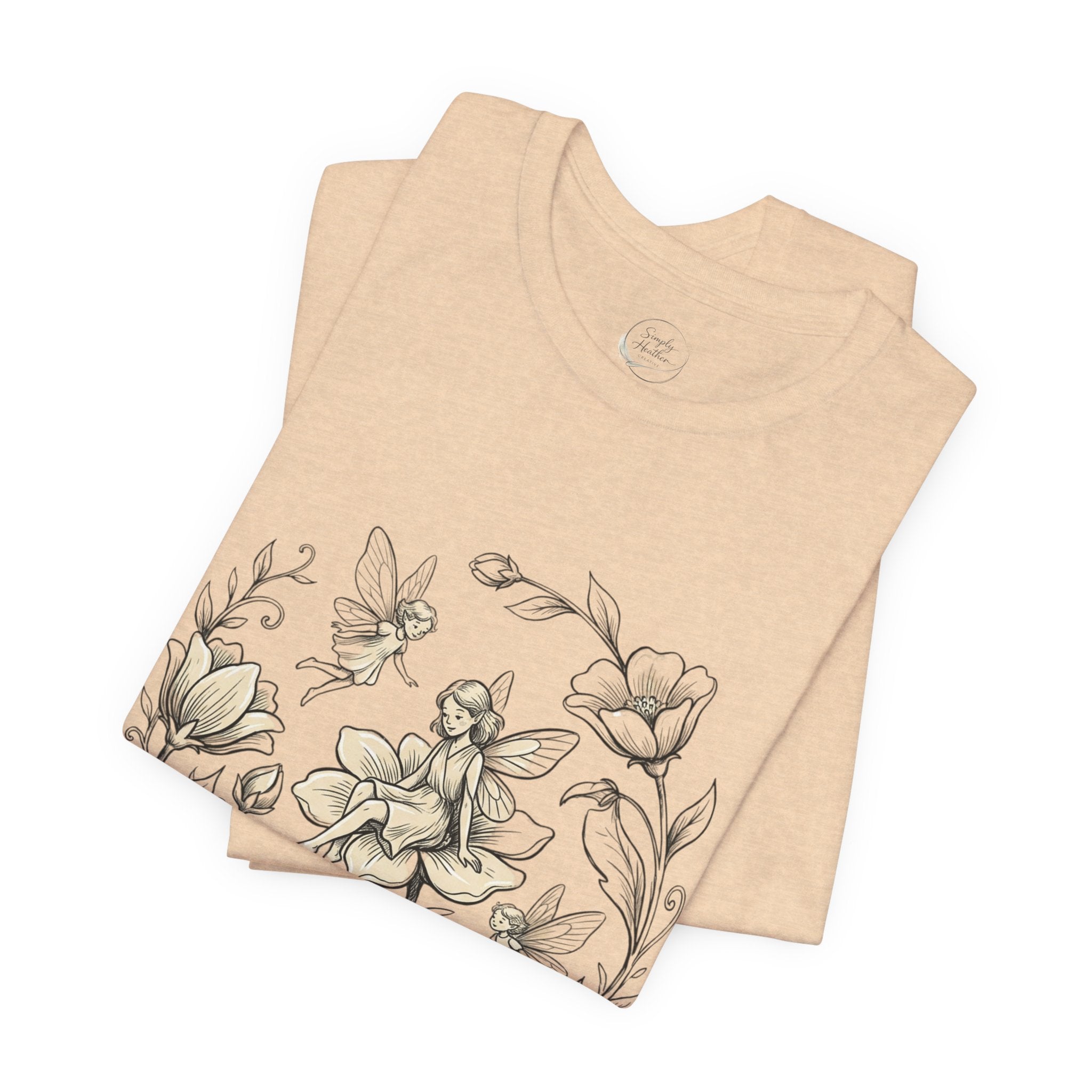 Floral Fairy Garden T-Shirt by Printify featuring vintage botanical flower and fairy graphic on a casual cotton tee.