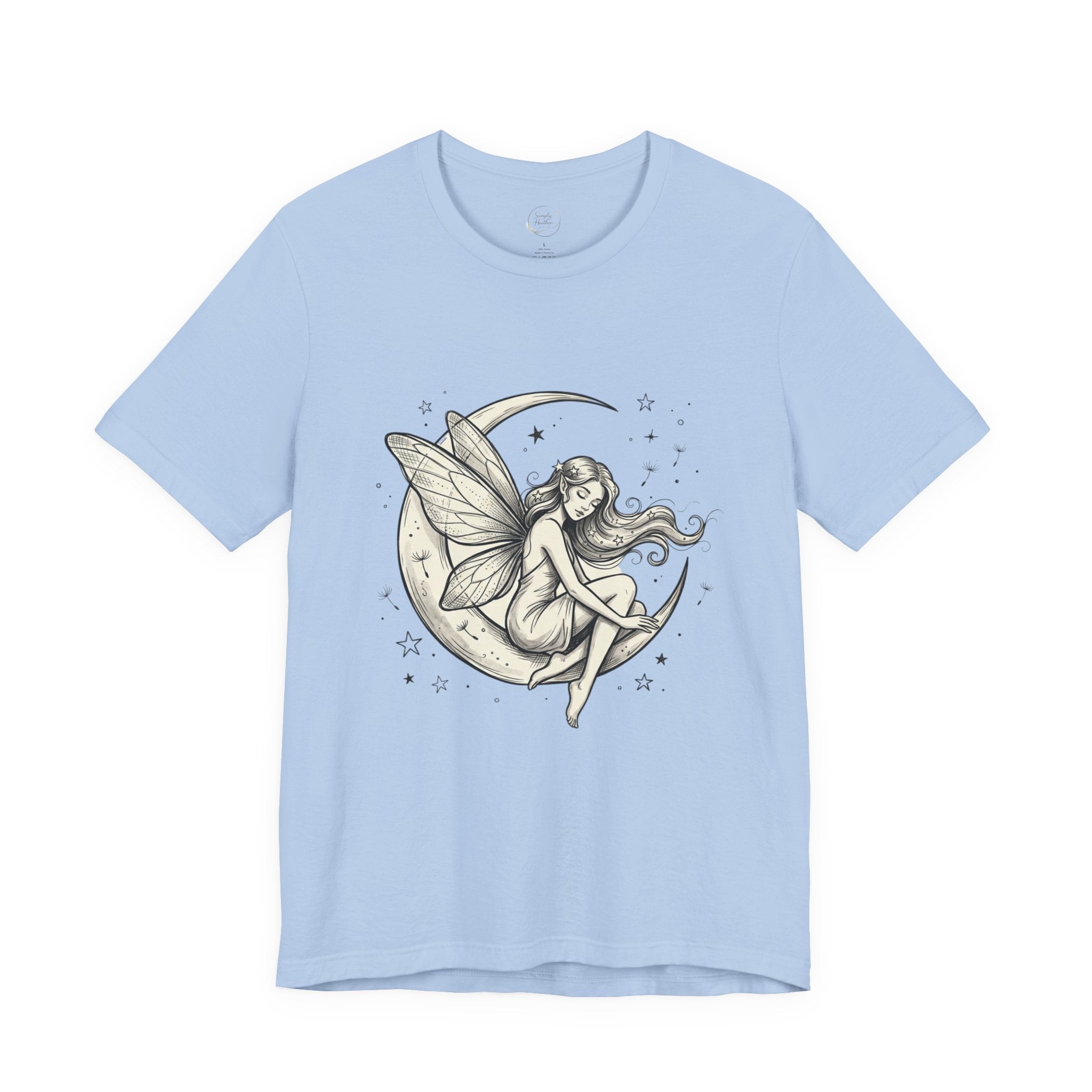 Moon Fairy T-Shirt with whimsical celestial graphic, featuring a fairy and moon design on a comfortable Printify T-shirt.