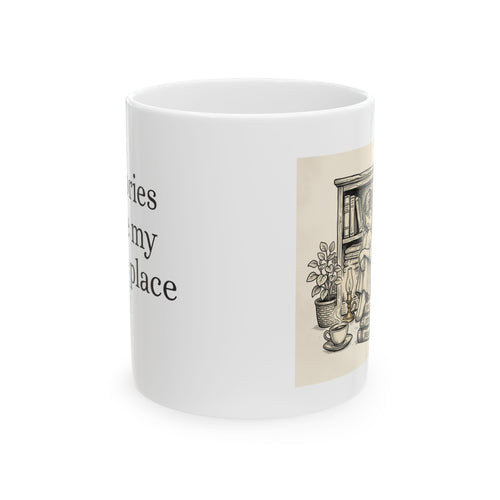 Ceramic mug with "Stories are my safe place" bookish fairy design, available in 11oz and 15oz sizes, by Printify.