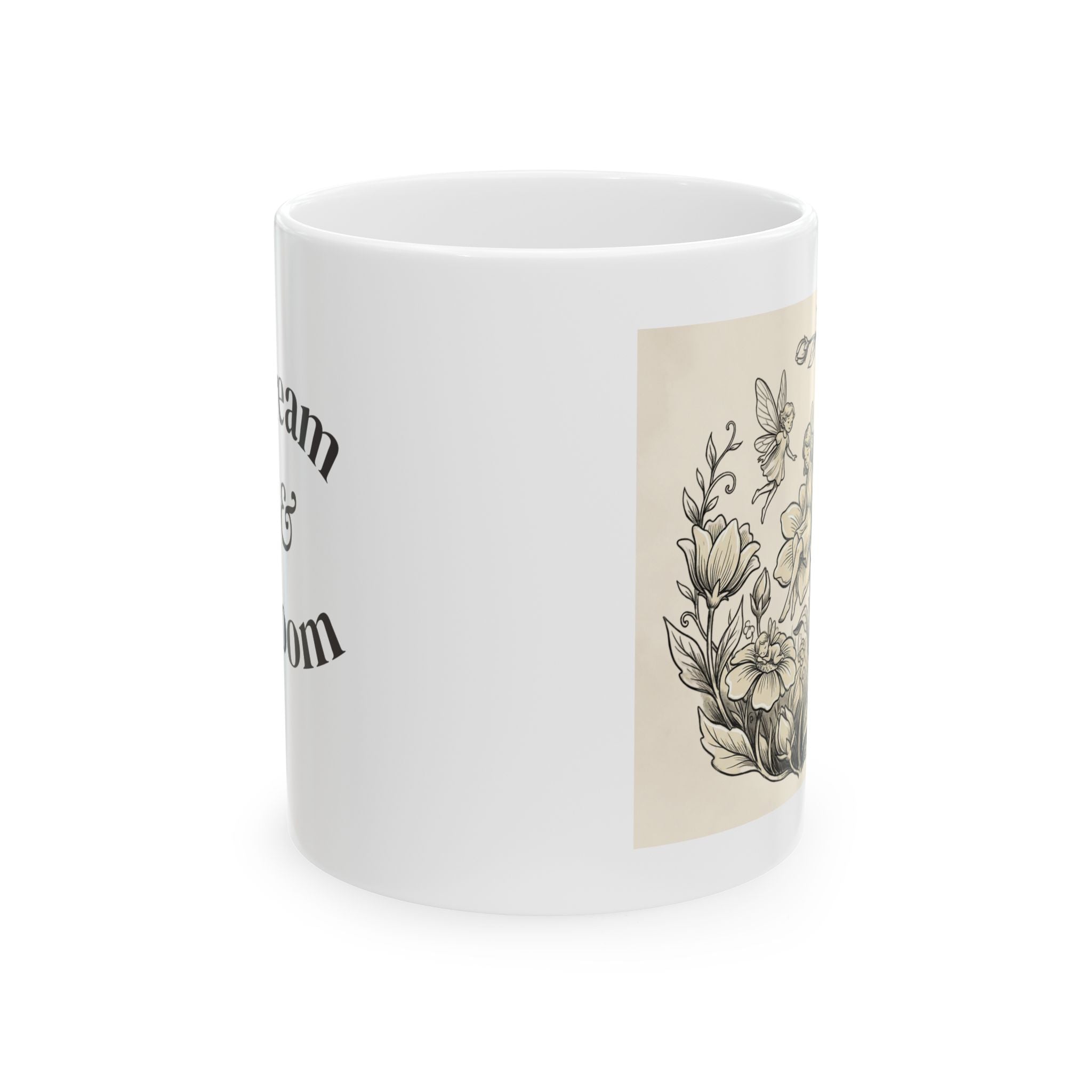Ceramic mug with floral fairy and vintage botanical design, available in 11oz and 15oz sizes, by Printify.