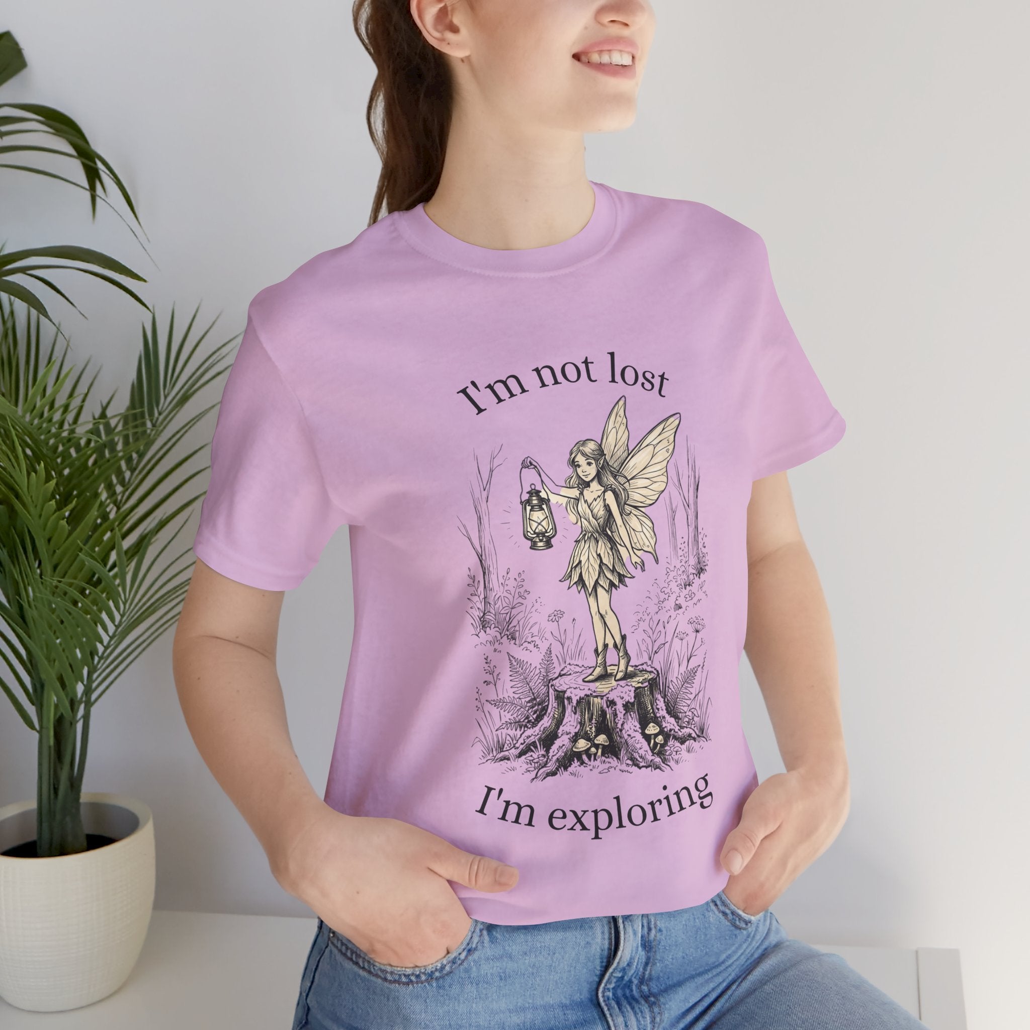 Fairy Exploration Tee graphic T-shirt with "I’m Not Lost, I’m Exploring" slogan, casual cotton T-shirt for women or men.