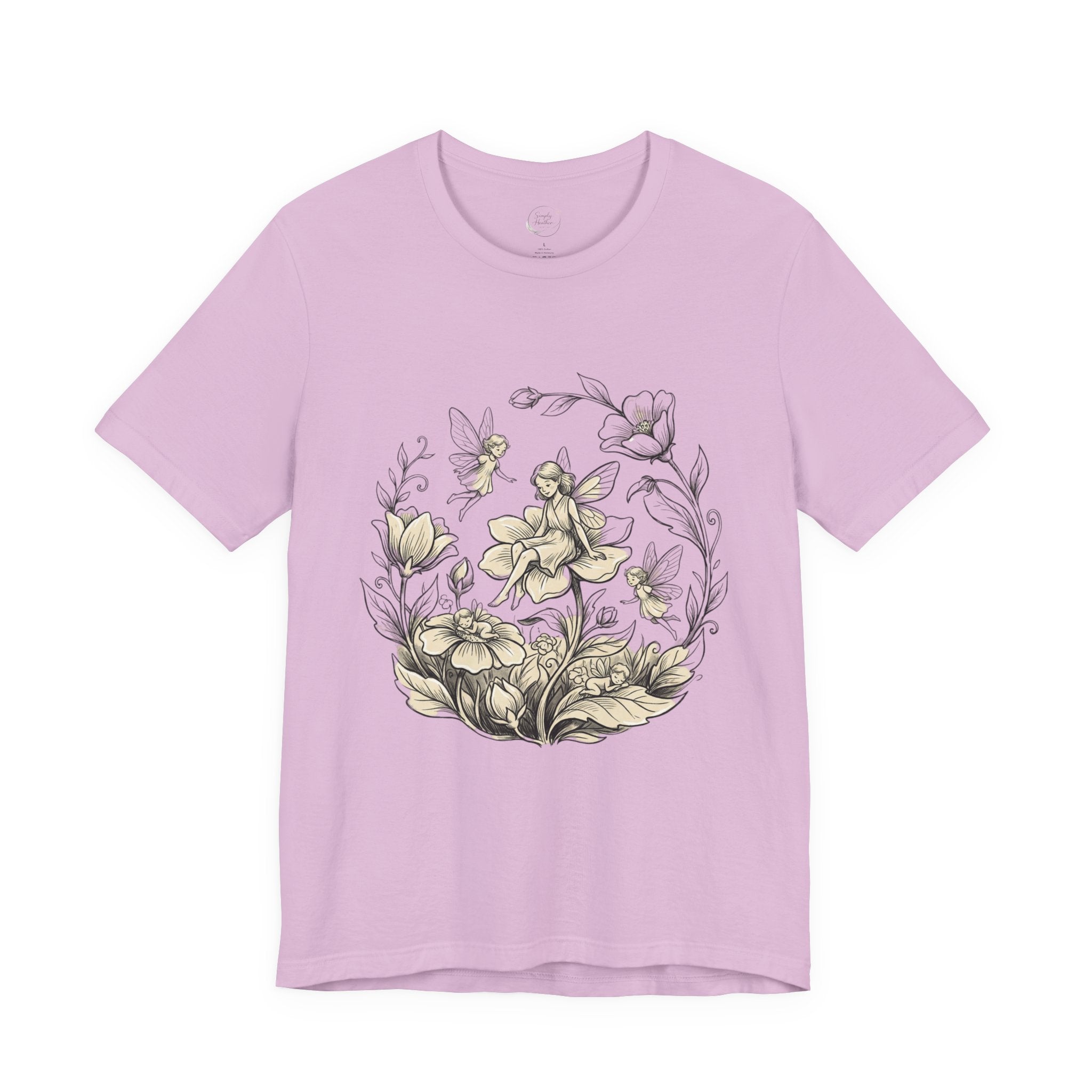 Vintage floral fairy garden T-shirt featuring botanical flower and fairy graphic on a Printify women's tee.