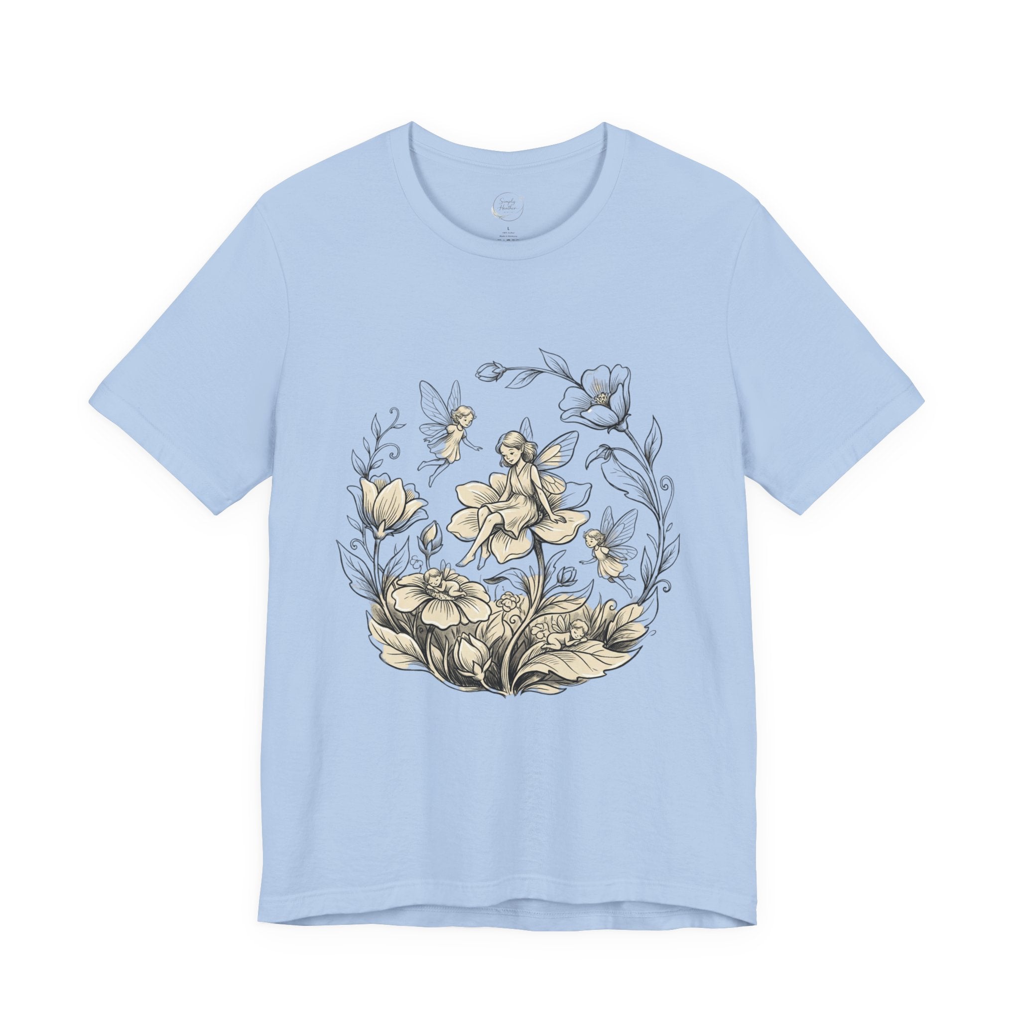 Vintage floral fairy garden T-shirt by Printify featuring botanical flower and fairy graphic on a comfortable cotton tee.