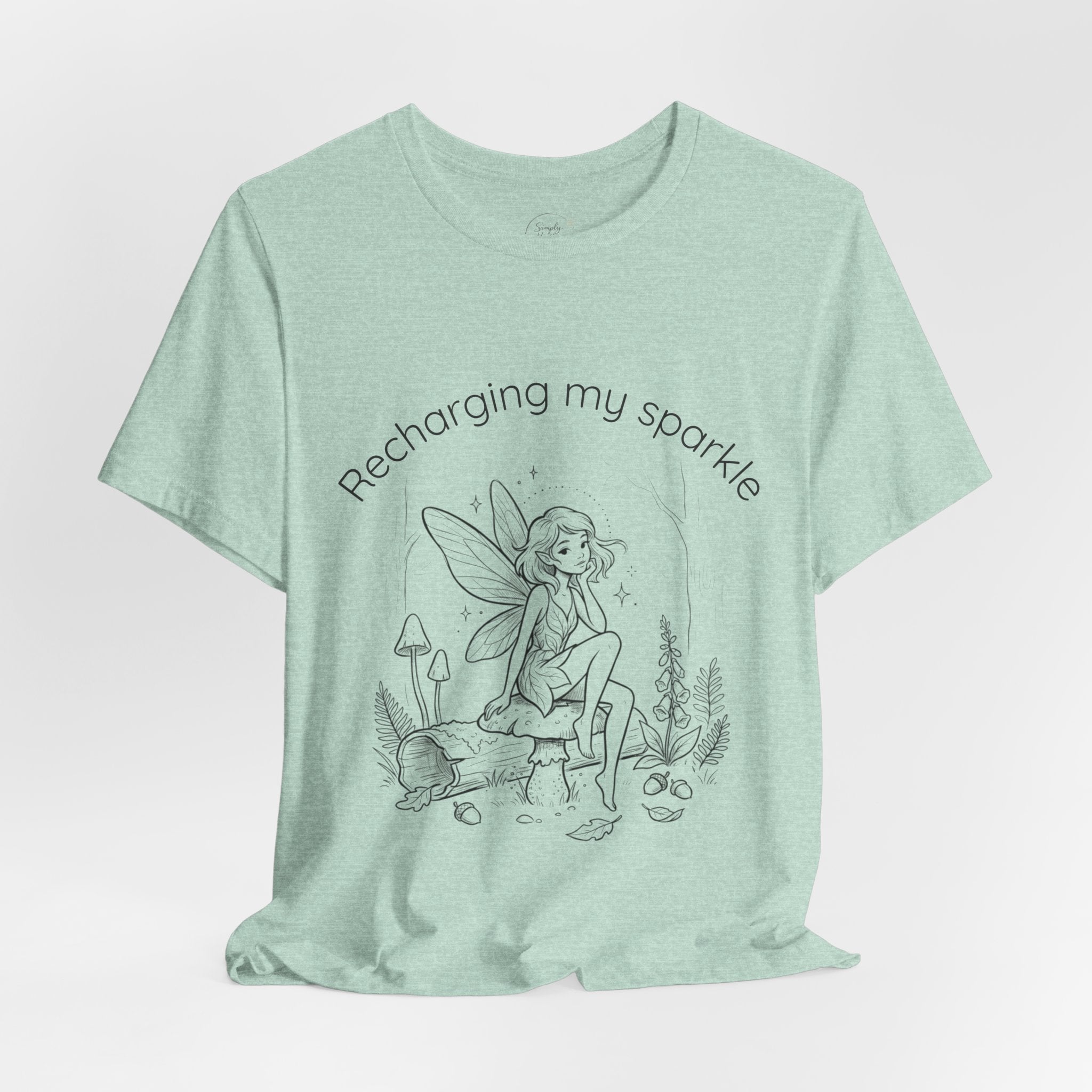 Vintage fairy graphic T-shirt with "Recharging My Sparkle" slogan, featuring a whimsical fairy design on a Printify branded tee.
