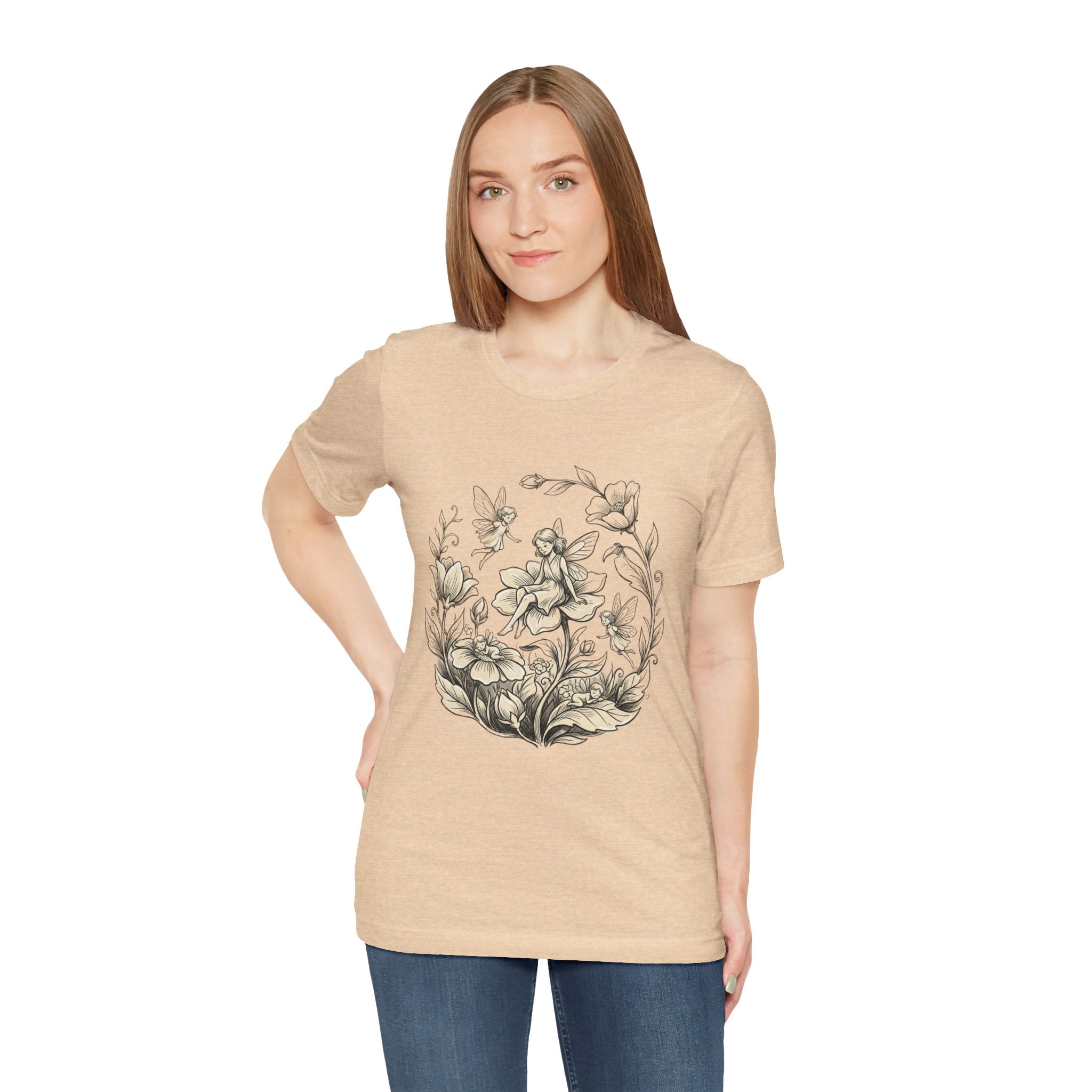Vintage floral fairy garden T-shirt with botanical flower and fairy graphic, by Printify, featuring colorful nature-inspired artwork.