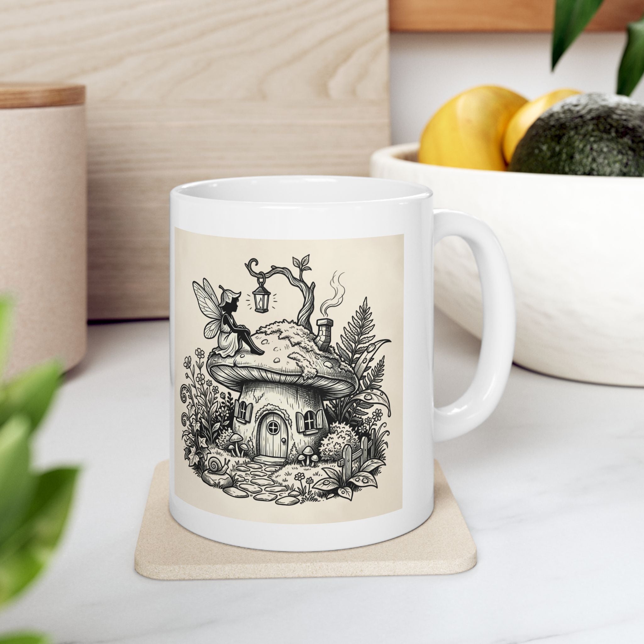 Fairy Cottage ceramic mug featuring vintage mushroom house illustration, 11oz or 15oz coffee cup by Printify