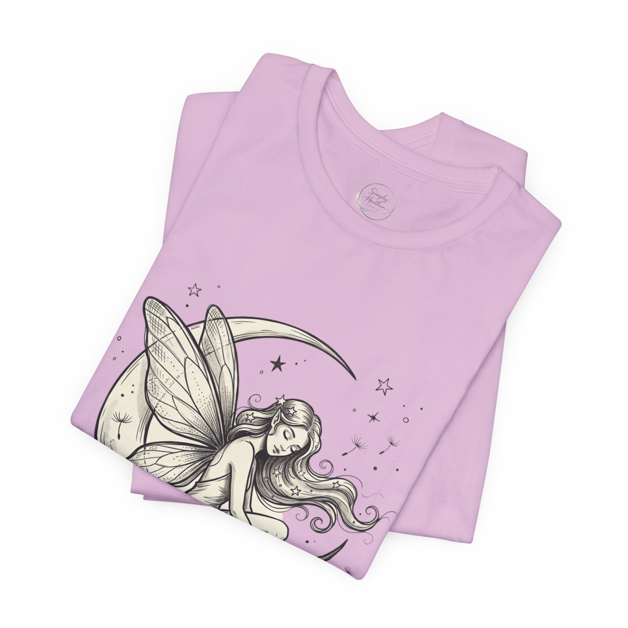 Moon Fairy T-Shirt with whimsical celestial graphic, featuring a fairy and moon design on a soft fabric tee by Printify.