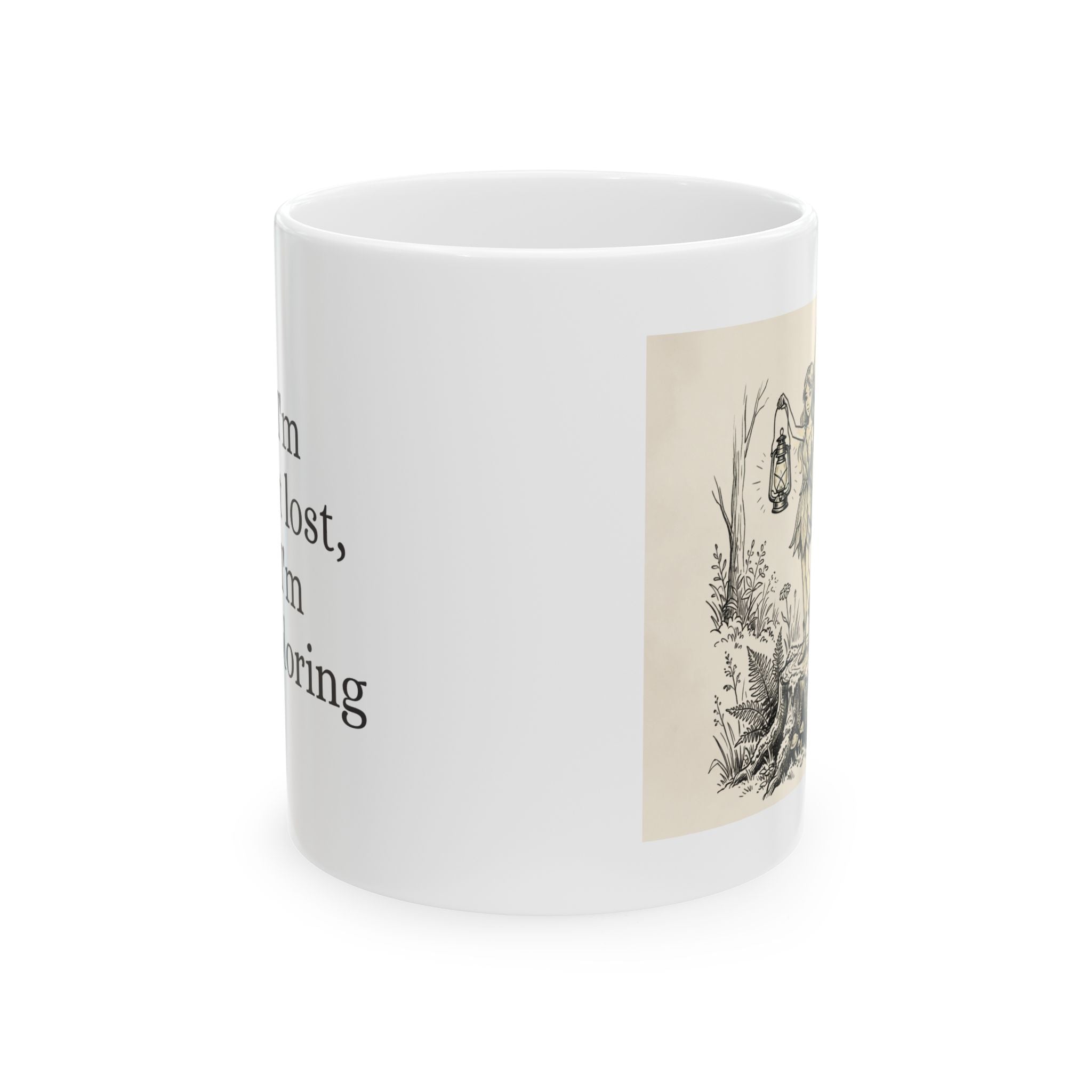 Vintage Woodland Fairy coffee mug by Printify featuring a whimsical fairy design and the phrase "I'm not lost, I'm exploring."