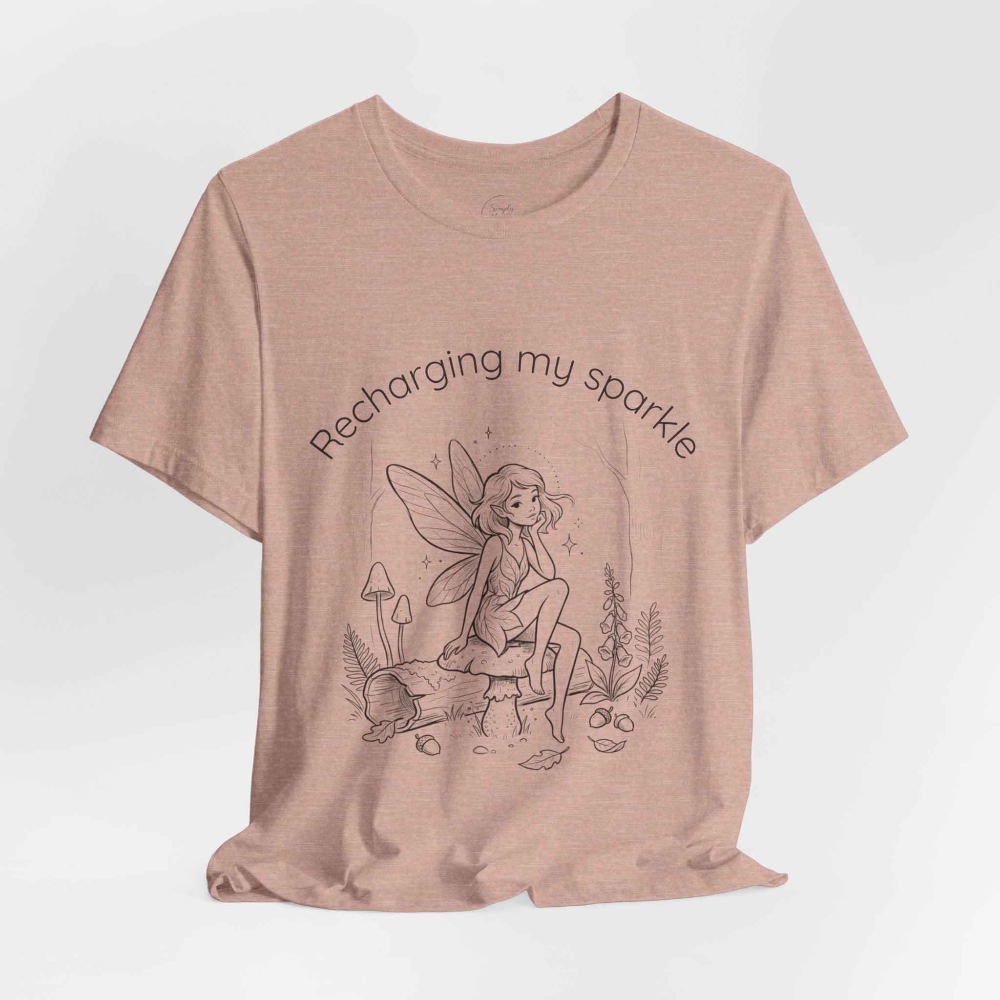 Vintage fairy graphic T-shirt with "Recharging My Sparkle" slogan, featuring whimsical fairy design on a Printify T-shirt.
