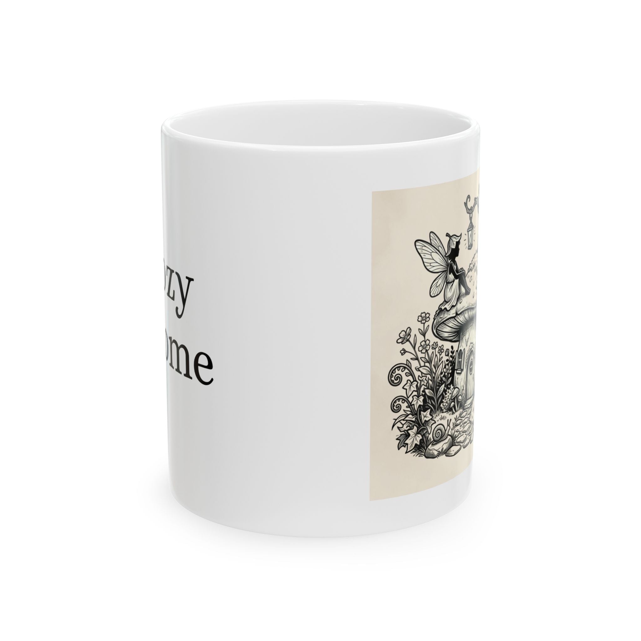 Fairy Cottage ceramic mug with vintage mushroom house illustration, 11oz or 15oz coffee cup by Printify