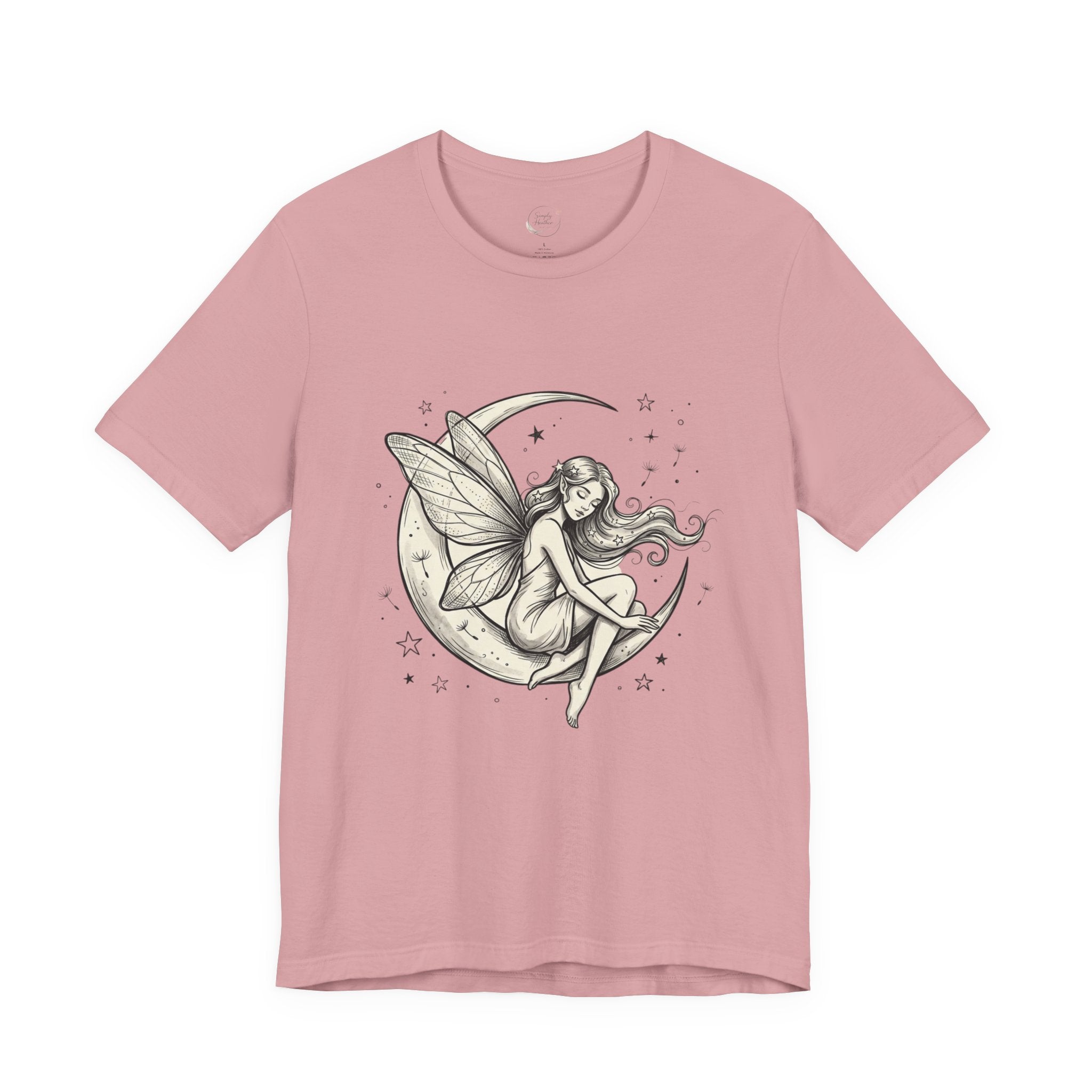 Moon Fairy T-Shirt with whimsical celestial graphic, featuring a fairy and moon design on a casual Printify T-shirt.