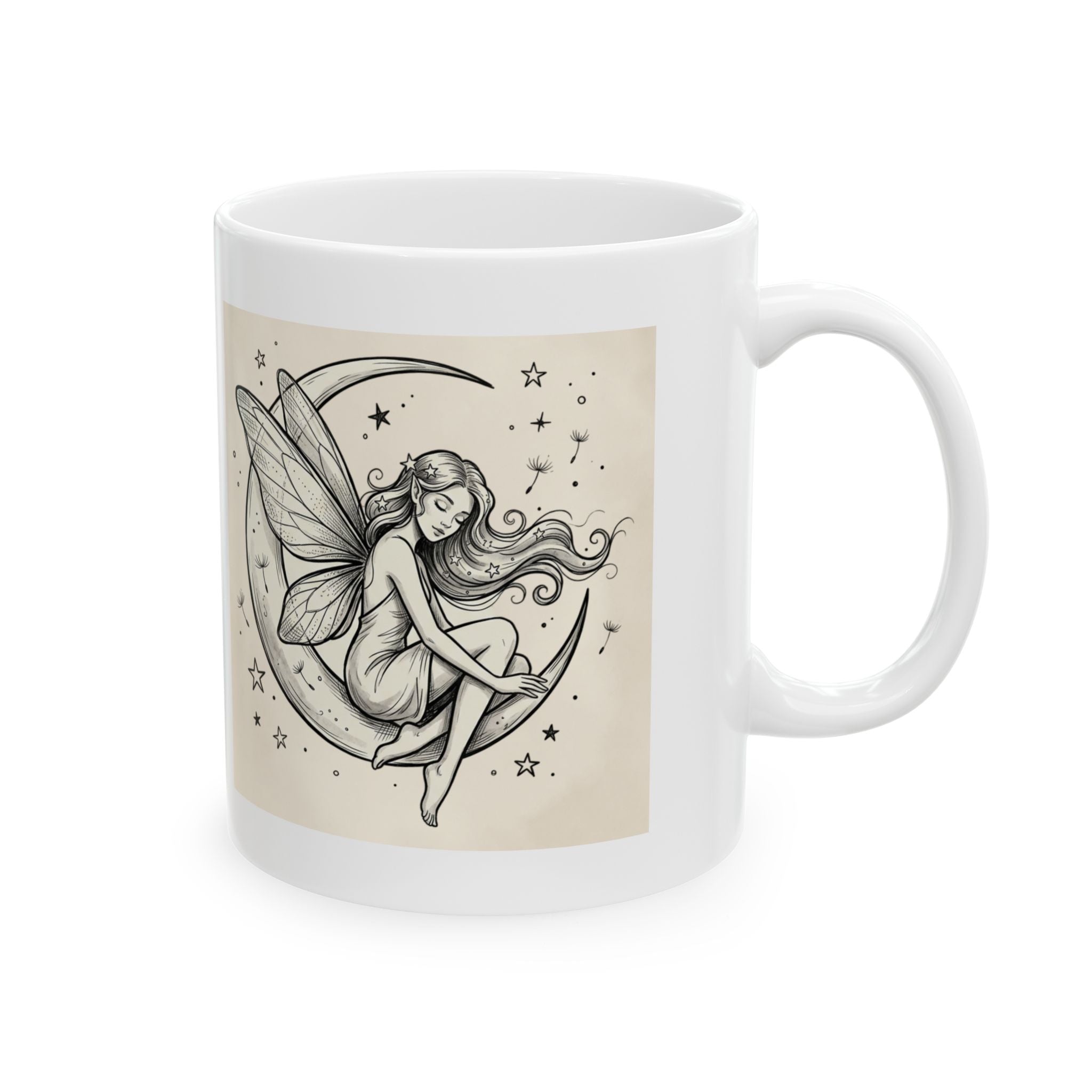 Ceramic butterfly moon fairy mug by Printify, 11oz or 15oz coffee cup with whimsical moon and butterfly design.