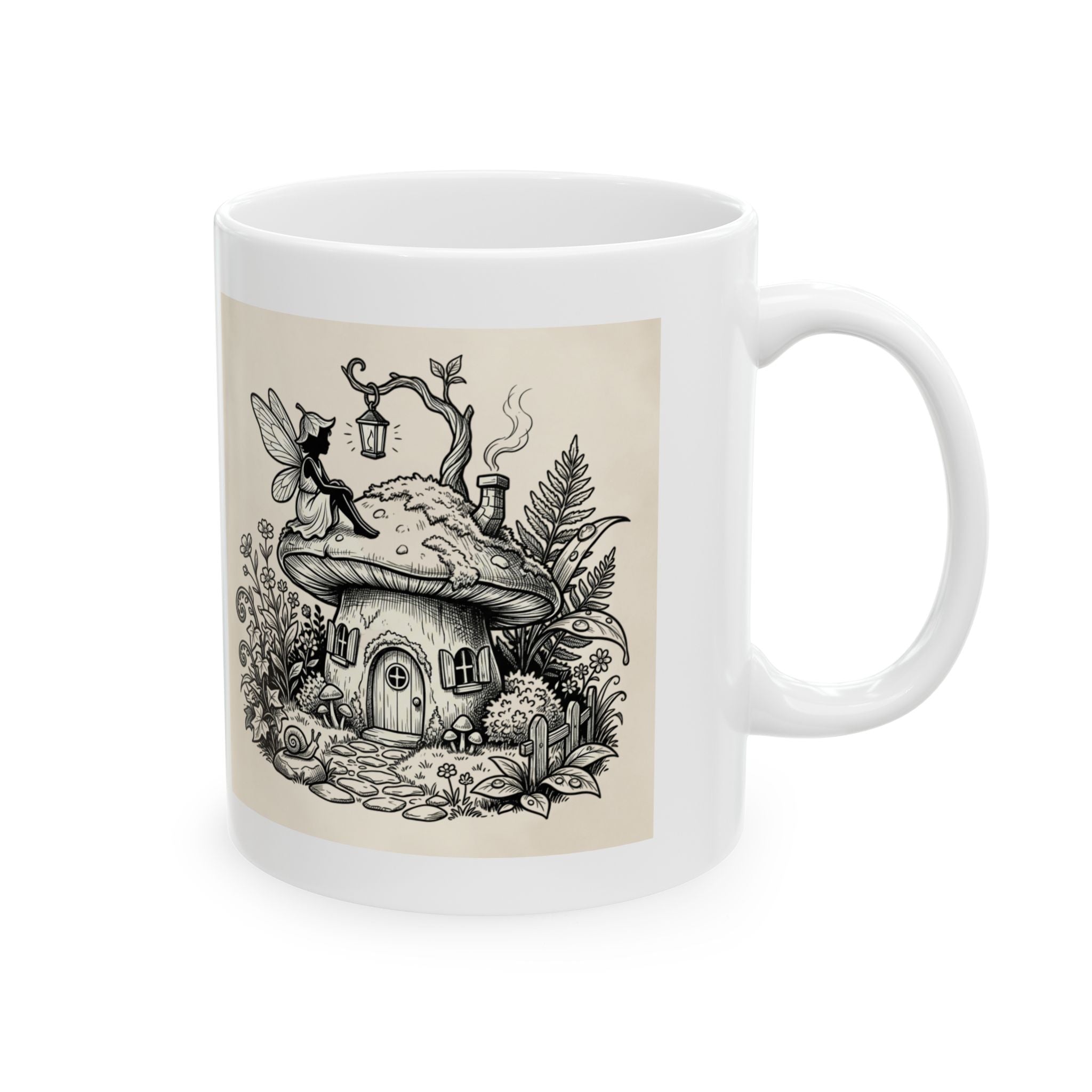 Fairy Cottage ceramic mug featuring vintage mushroom house illustration, 11oz or 15oz size by Printify.