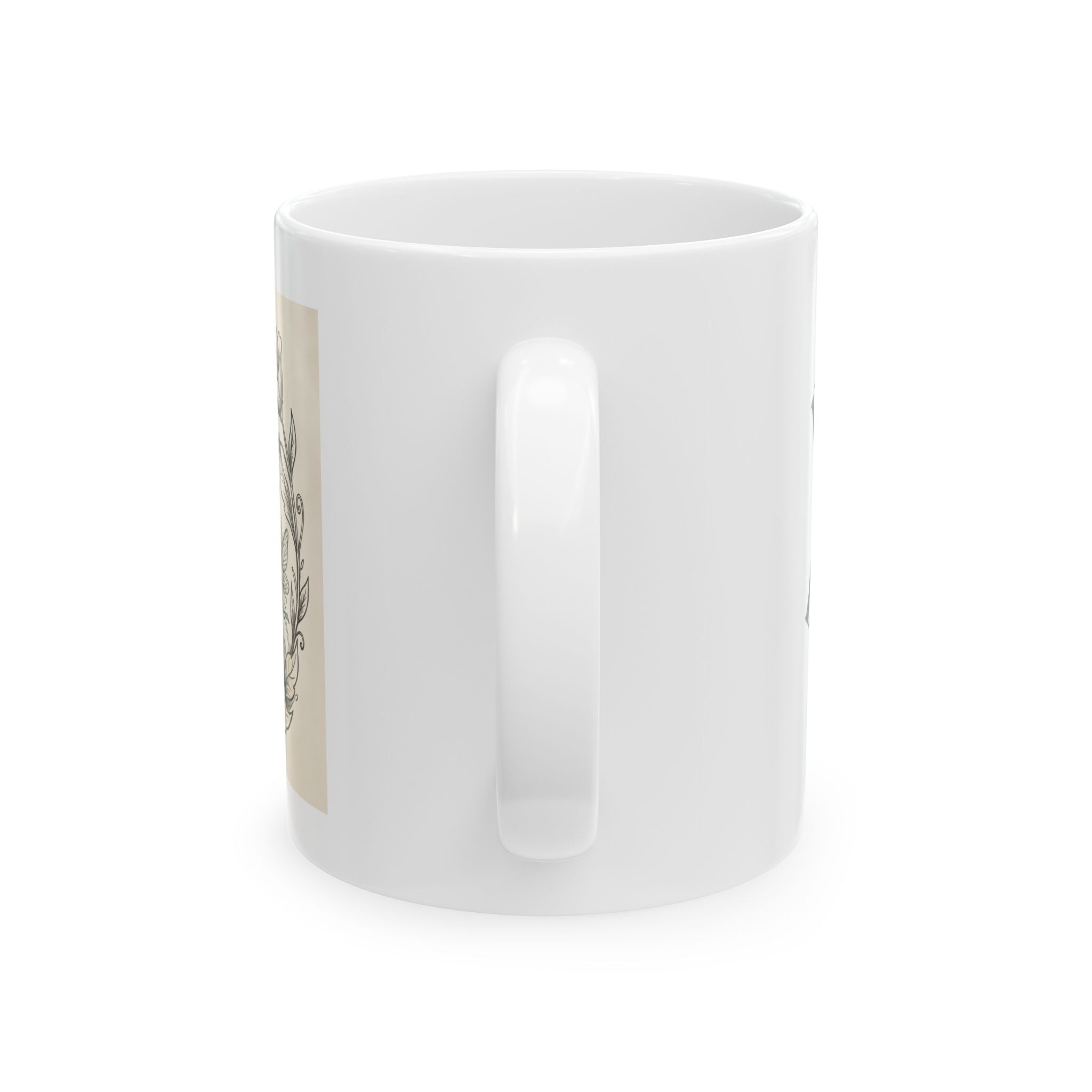 Ceramic floral fairy mug by Printify featuring vintage botanical design, available in 11oz and 15oz sizes.