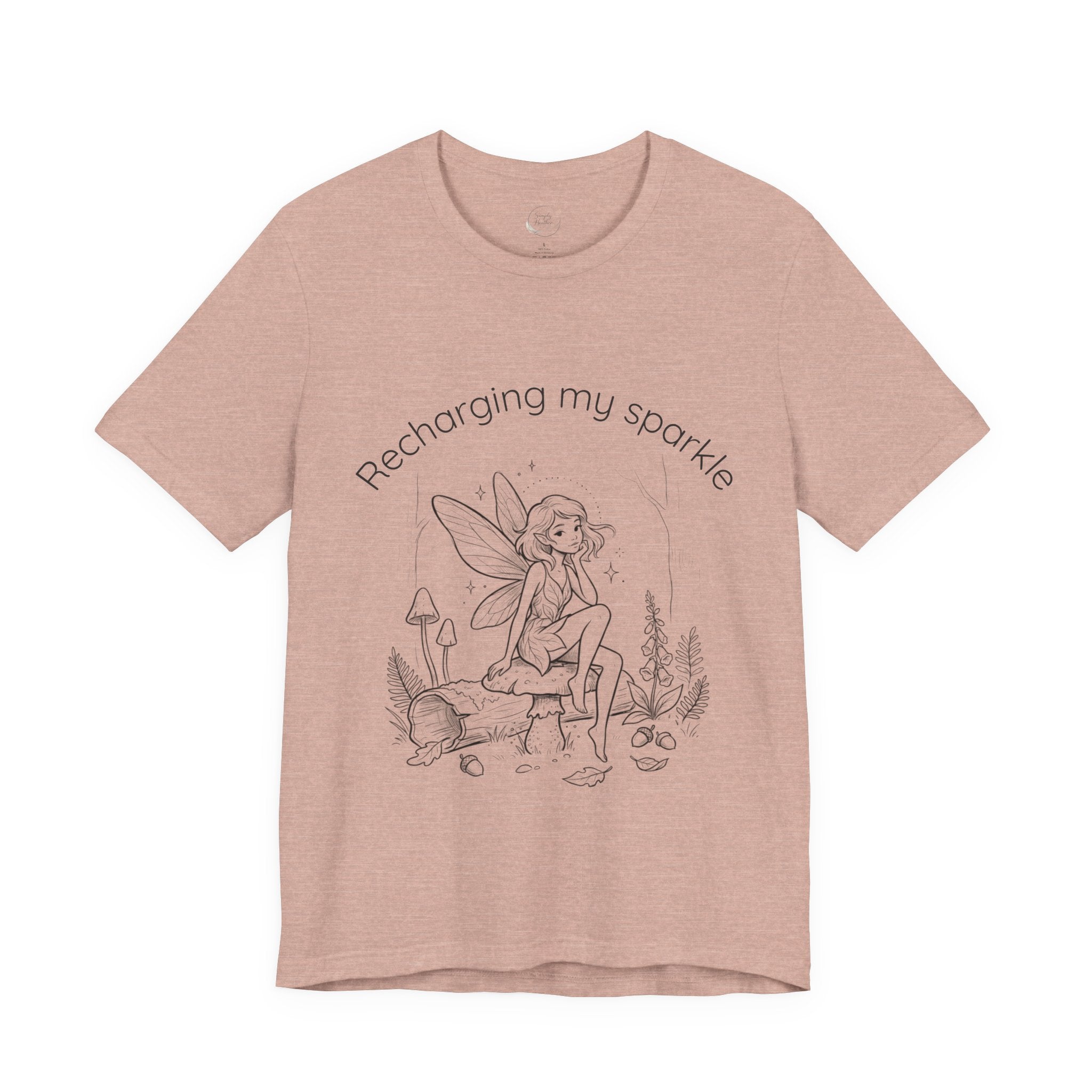 Vintage fairy graphic T-shirt with "Recharging My Sparkle" text, featuring a whimsical fairy design on a Printify tee.