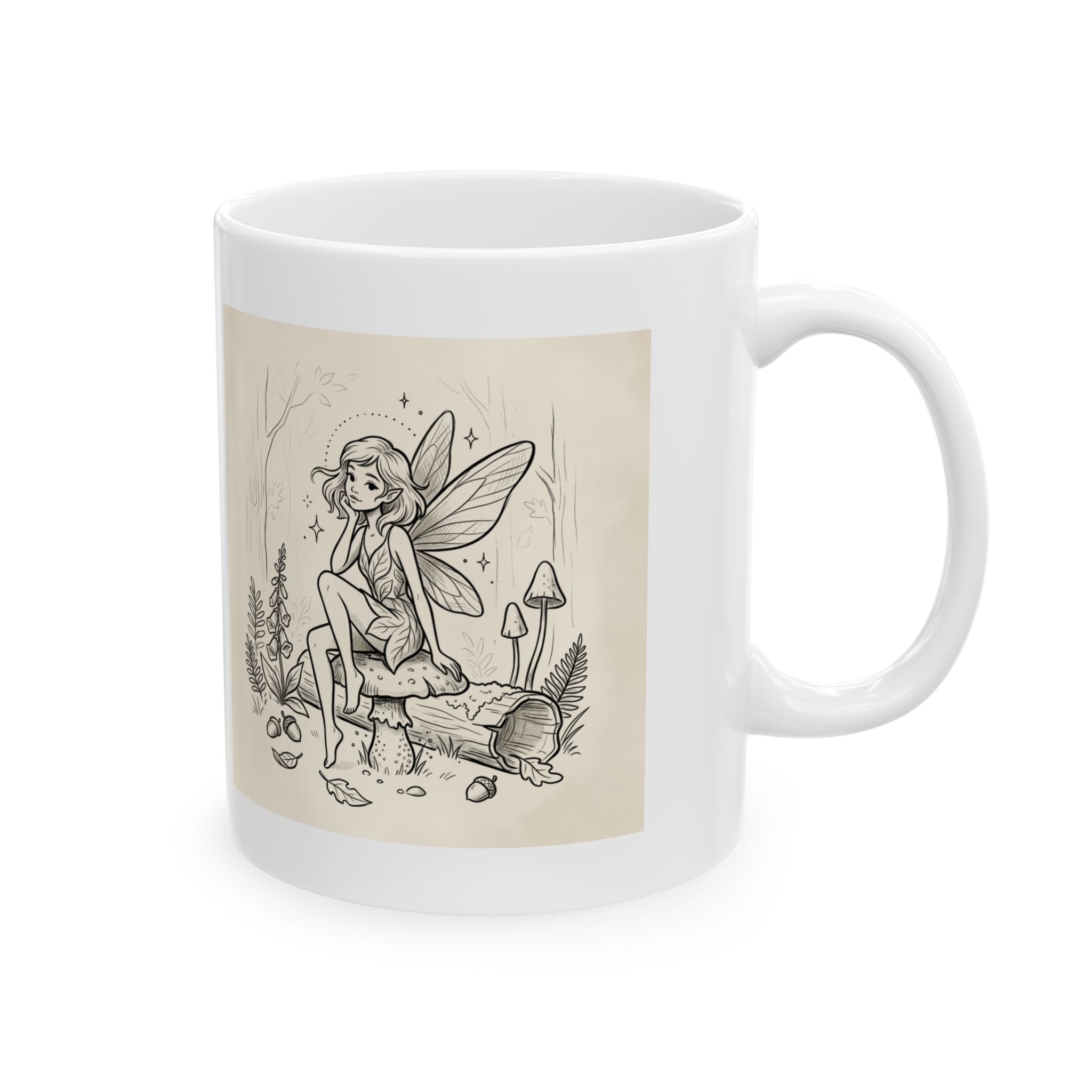 Vintage fairy sketch ceramic coffee mug by Printify, 11oz or 15oz, featuring a whimsical fairy design on a classic mug.