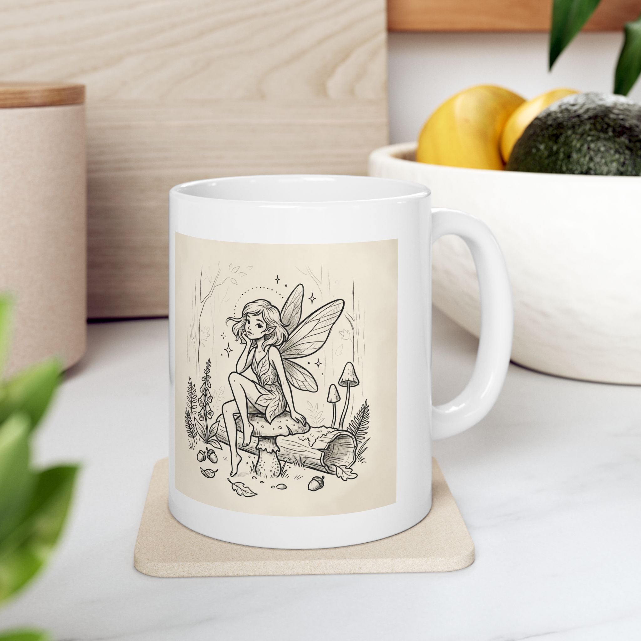 Vintage fairy sketch ceramic coffee mug by Printify, 11oz or 15oz, featuring a detailed fairy illustration on a ceramic surface.