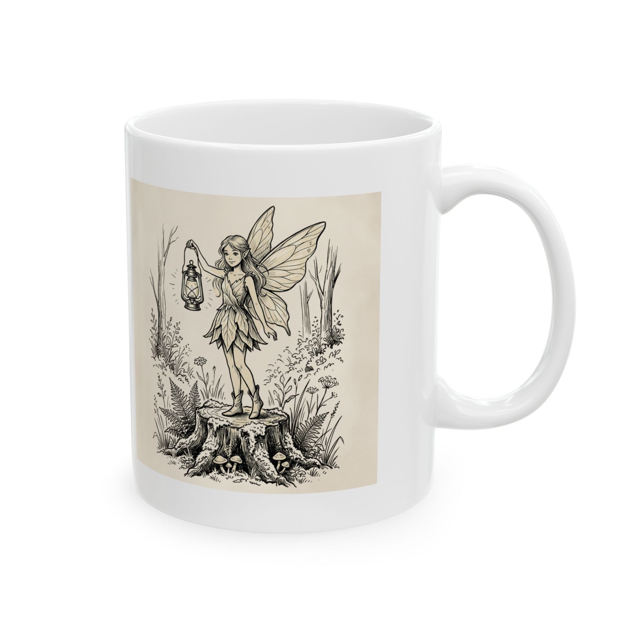 Vintage Woodland Fairy coffee mug by Printify featuring a whimsical fairy design and the phrase "I'm not lost, I'm exploring."