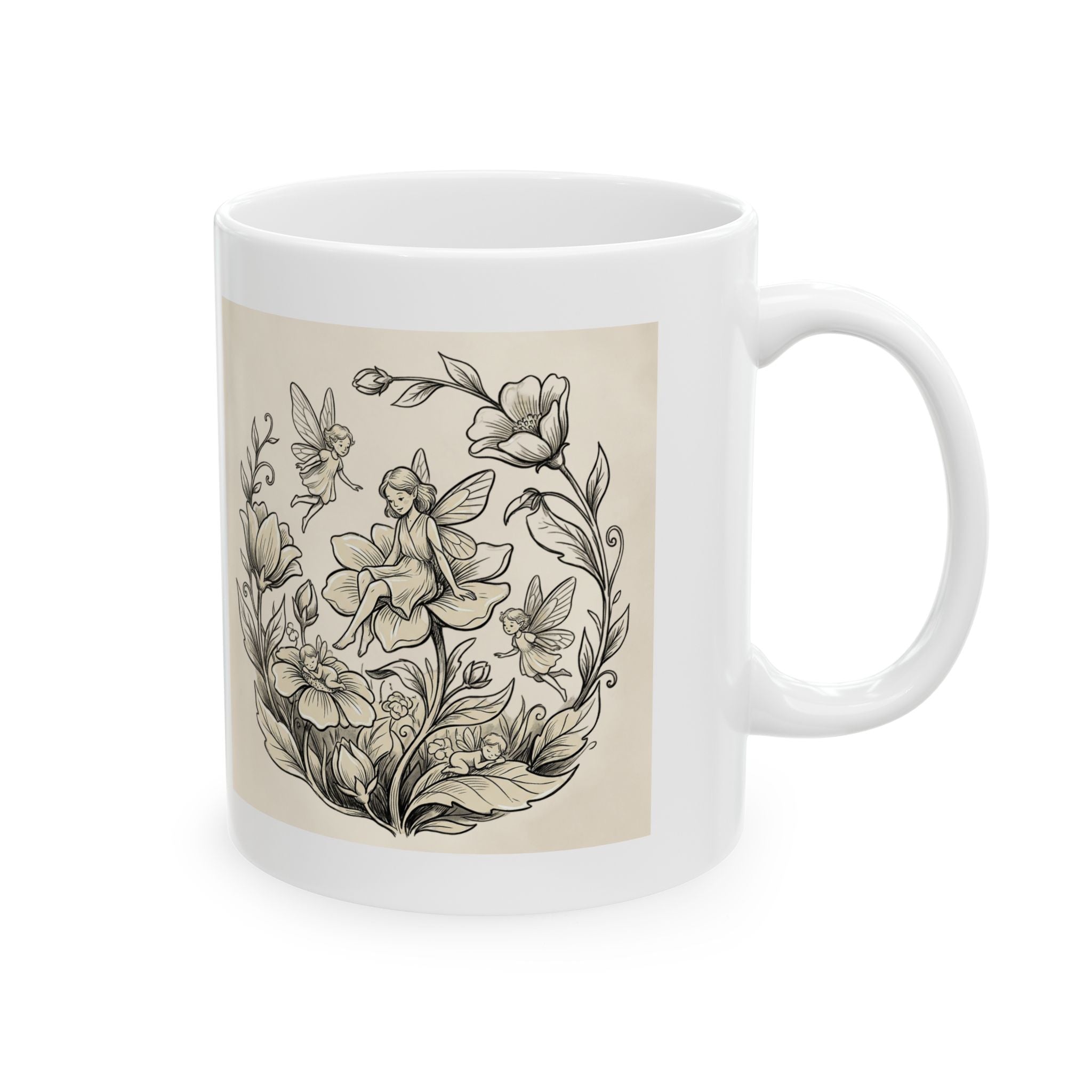 Ceramic floral fairy mug with vintage botanical design, 11oz or 15oz capacity, by Printify, featuring colorful fairy and flower artwork.
