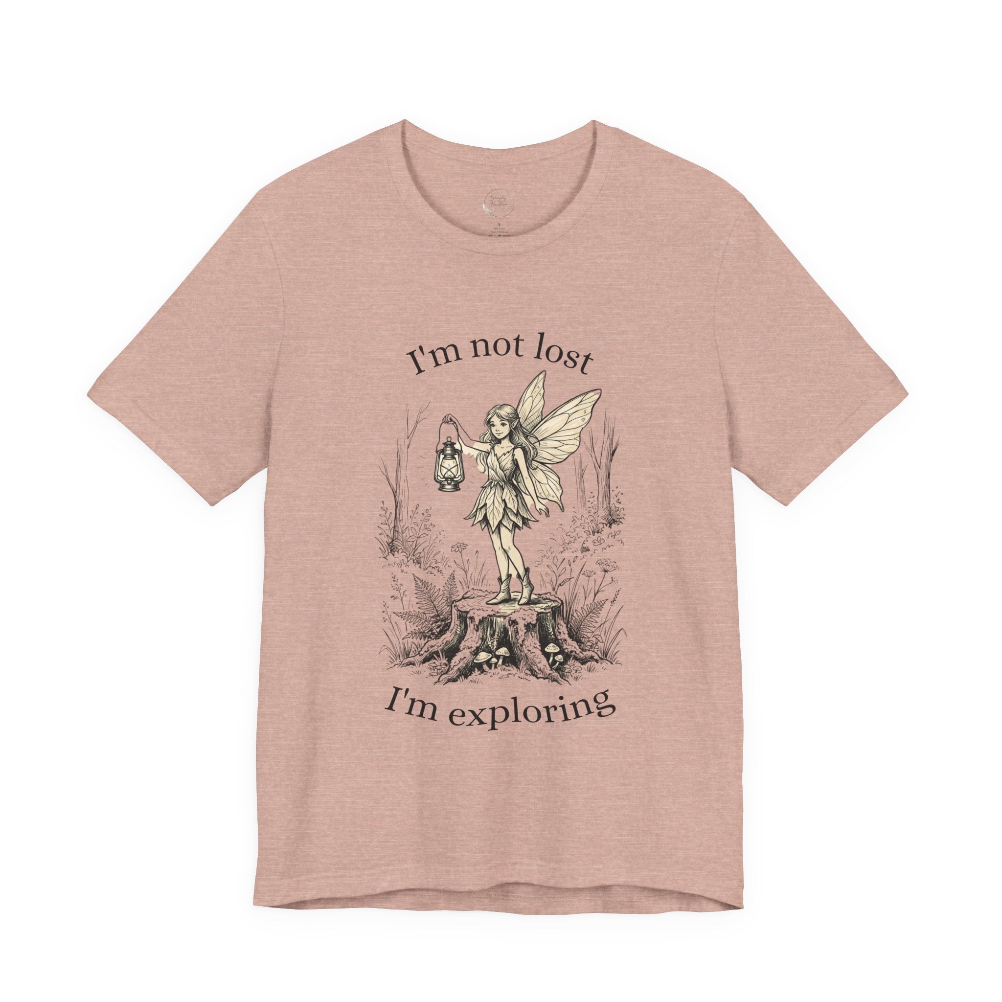 Gray fairy exploration graphic T-shirt by Printify featuring the text "I’m Not Lost, I’m Exploring" on soft cotton fabric.