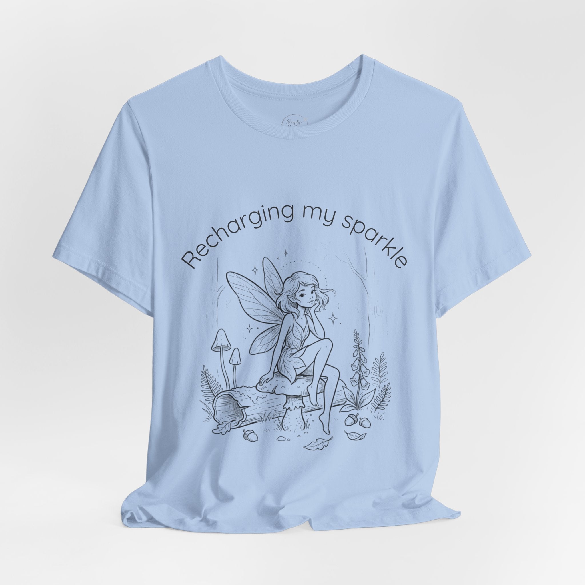 Vintage fairy graphic T-shirt with "Recharging My Sparkle" slogan on a Printify T-shirt, featuring a whimsical fairy design.