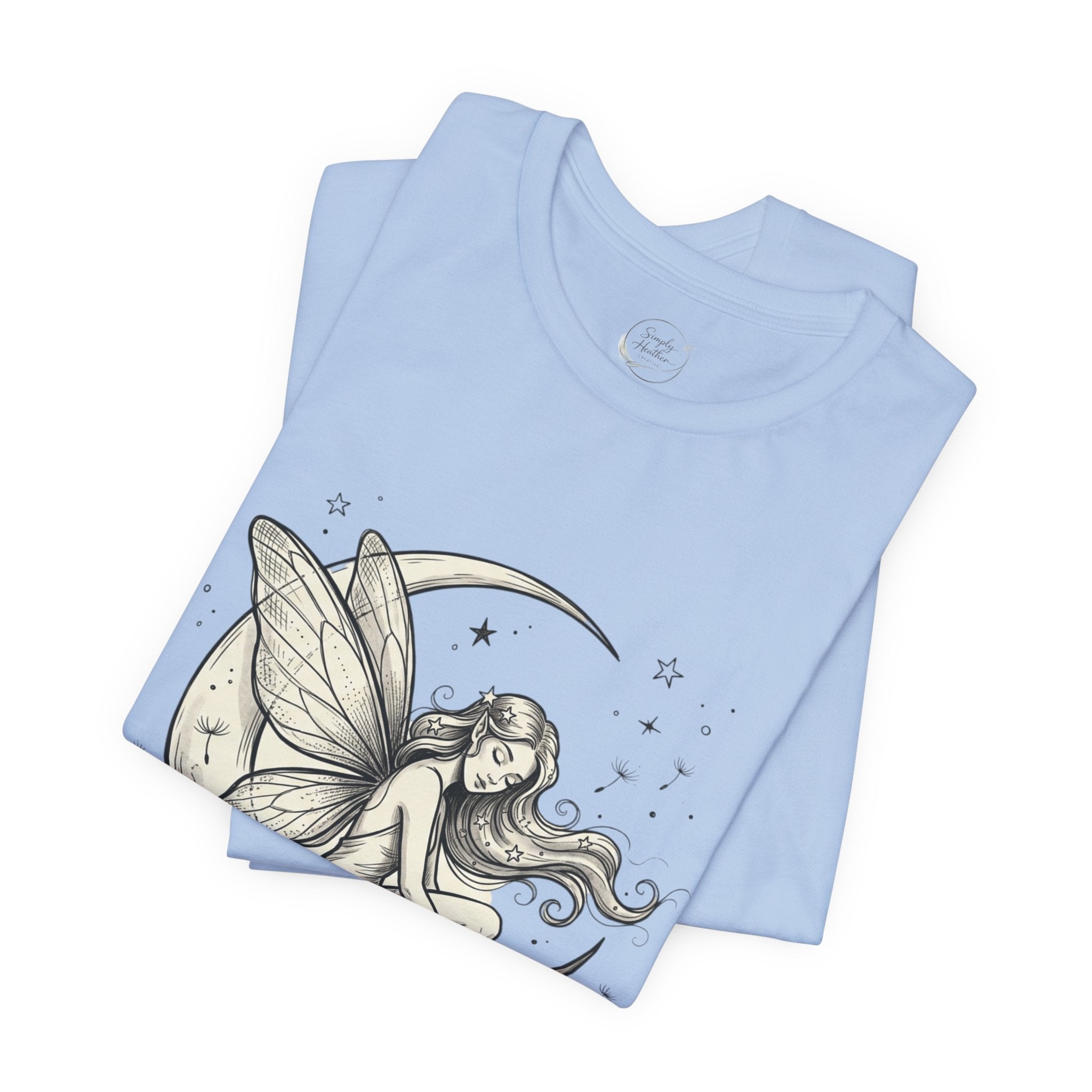 Whimsical moon fairy celestial graphic T-shirt by Printify featuring a magical fairy and moon design on soft fabric.