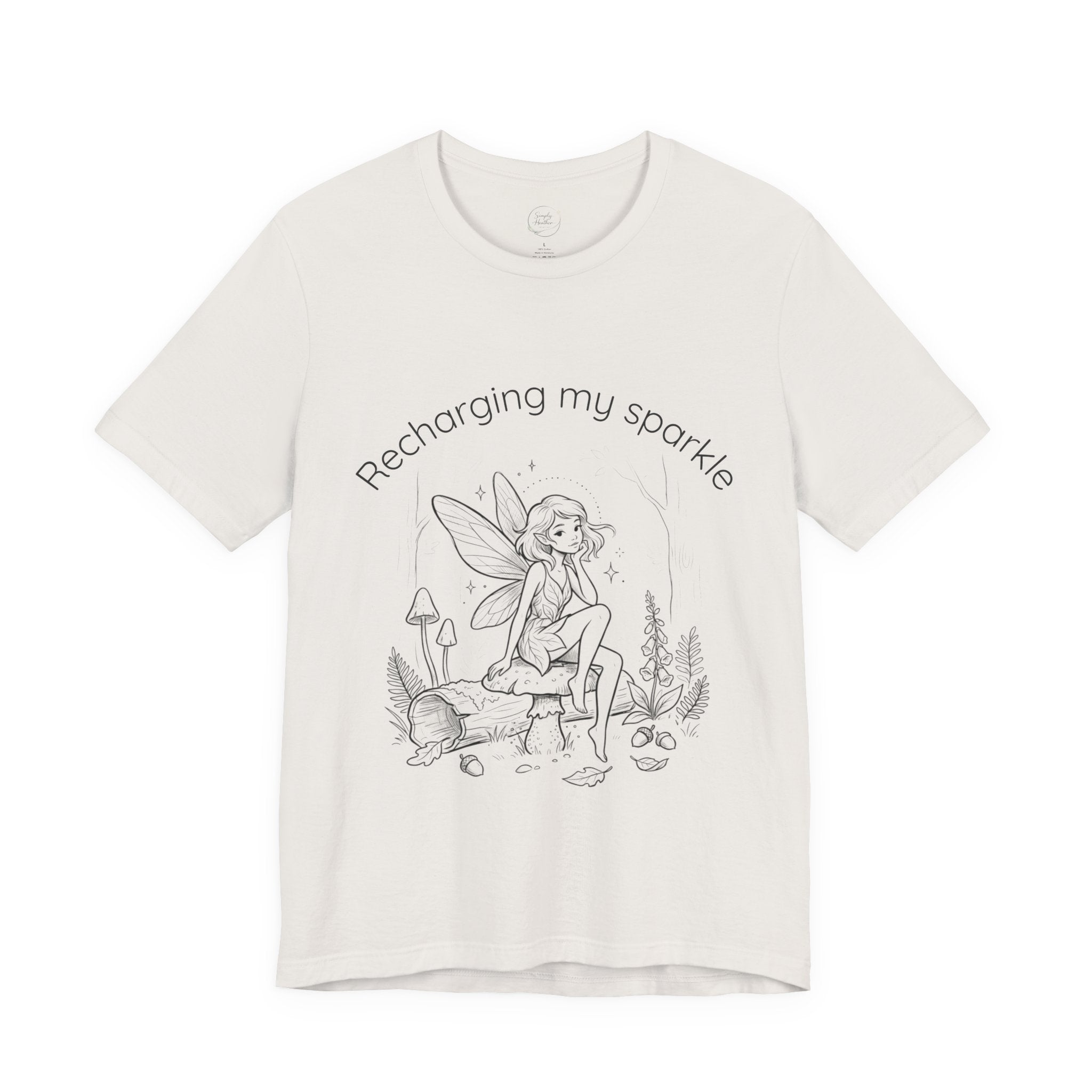Vintage fairy graphic T-shirt with "Recharging My Sparkle" slogan by Printify, featuring a whimsical fairy design on soft fabric.