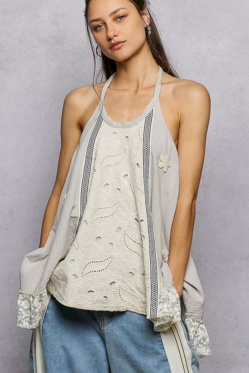 Light taupe lace ruffle halter neck blouse with crochet patch, double gauze fabric, by Trendsi.