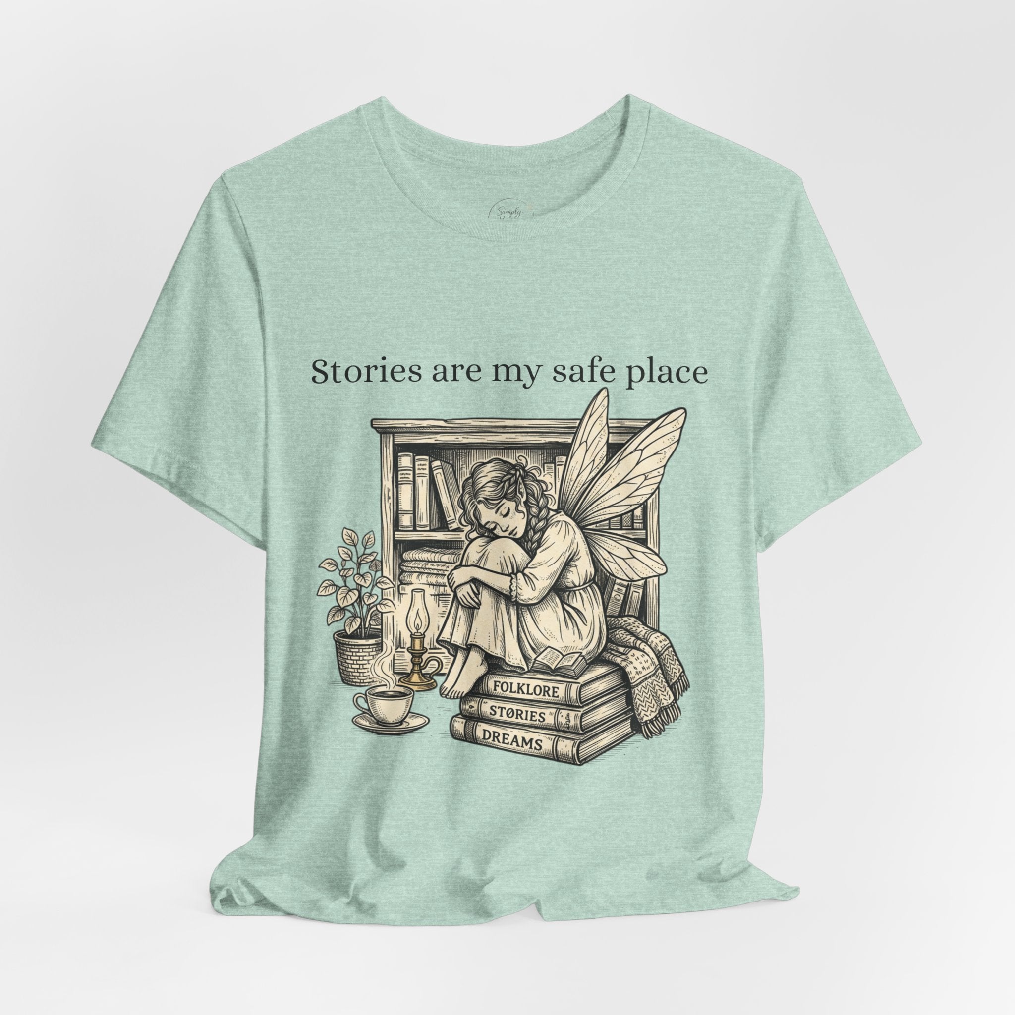 White T-shirt featuring the "Stories Are My Safe Place" fairy reading booklover design, ideal for book lovers and fairy enthusiasts.