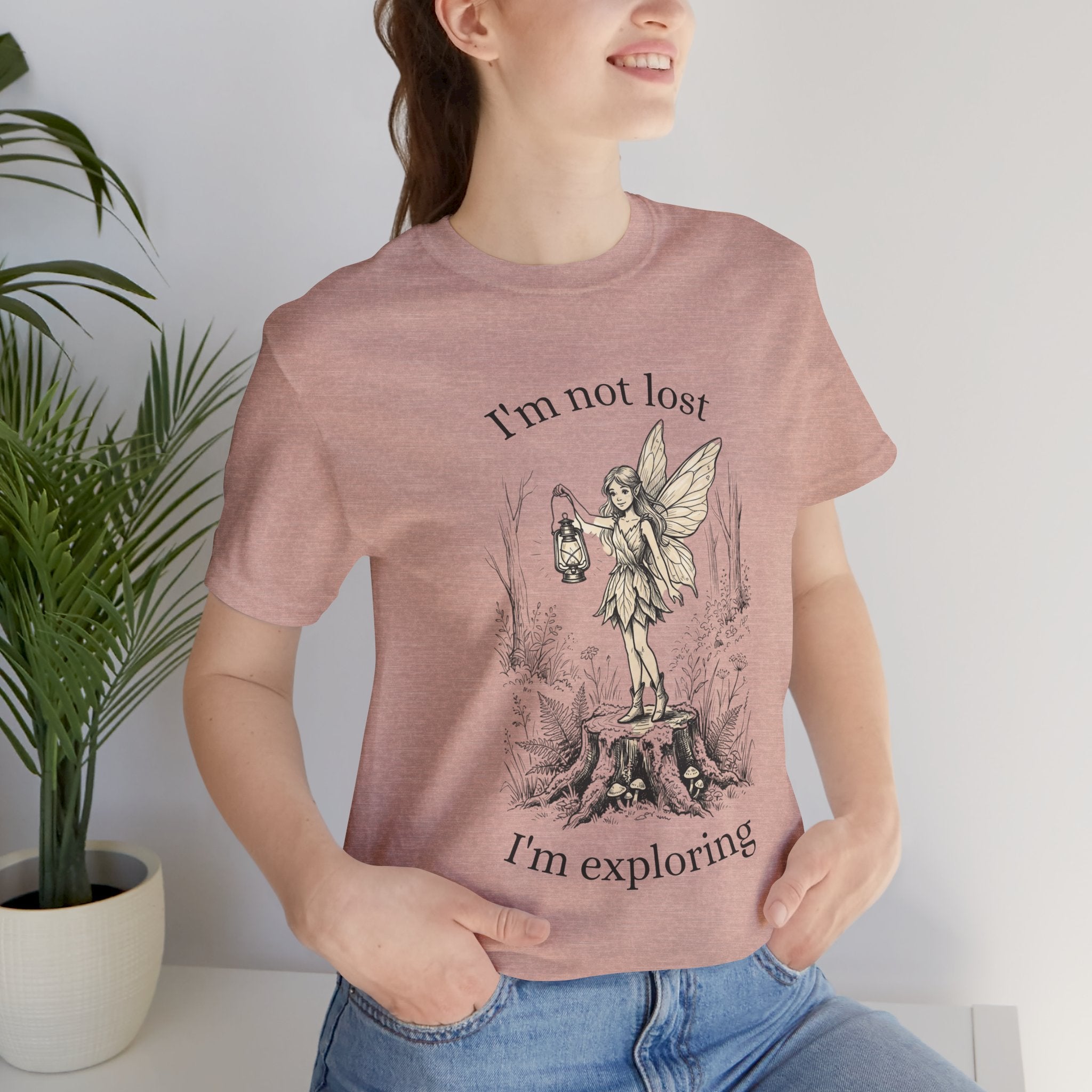 Fairy Exploration Tee graphic T-shirt with "I’m Not Lost, I’m Exploring" slogan, casual cotton T-shirt for outdoor adventures