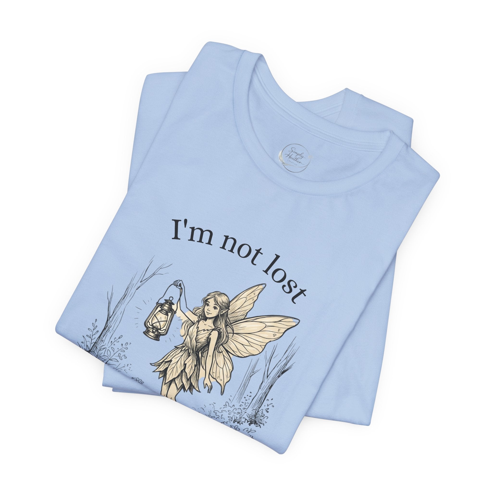 Fairy Exploration T-Shirt with "I'm Not Lost, I'm Exploring" graphic design, casual women's or men's tee by Printify.