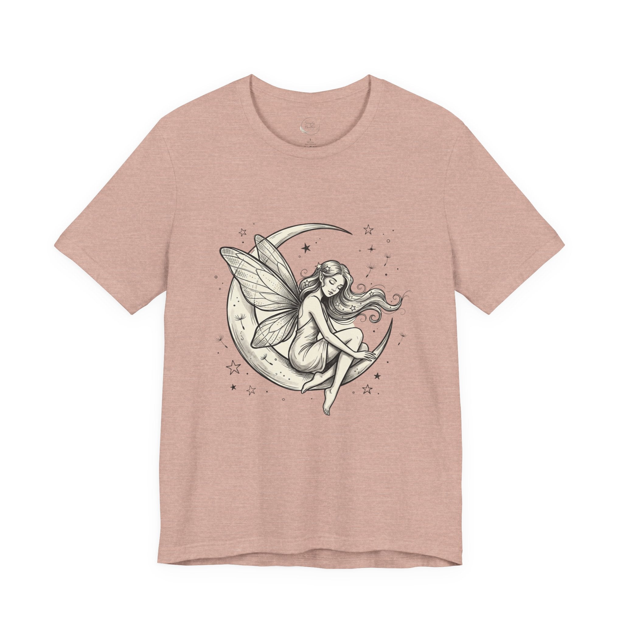 Moon Fairy T-Shirt with whimsical celestial moon and fairy graphic, soft cotton tee by Printify, perfect for celestial-themed fashion.