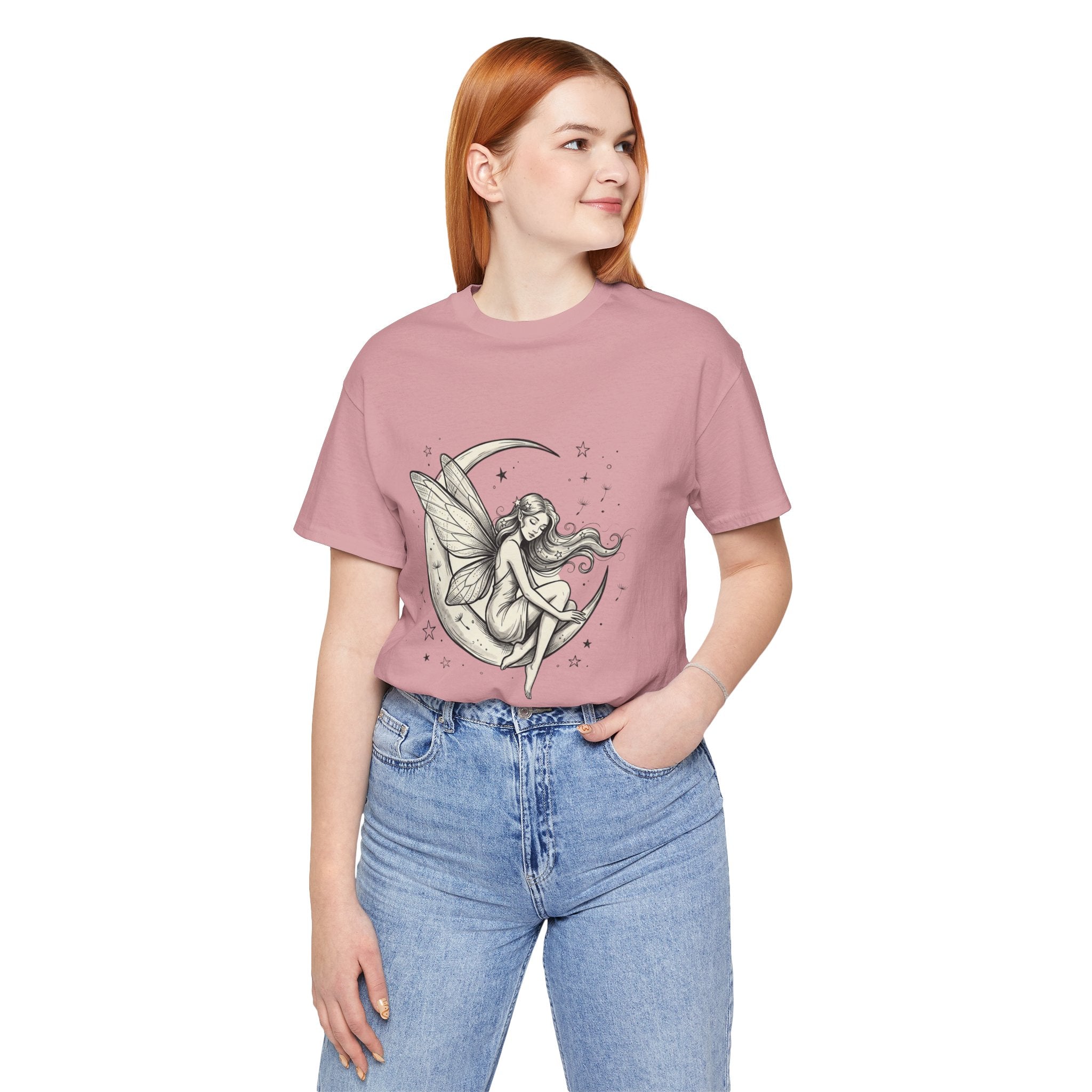 White Moon Fairy T-Shirt with whimsical celestial graphic by Printify, featuring a moon and fairy design on soft cotton fabric.