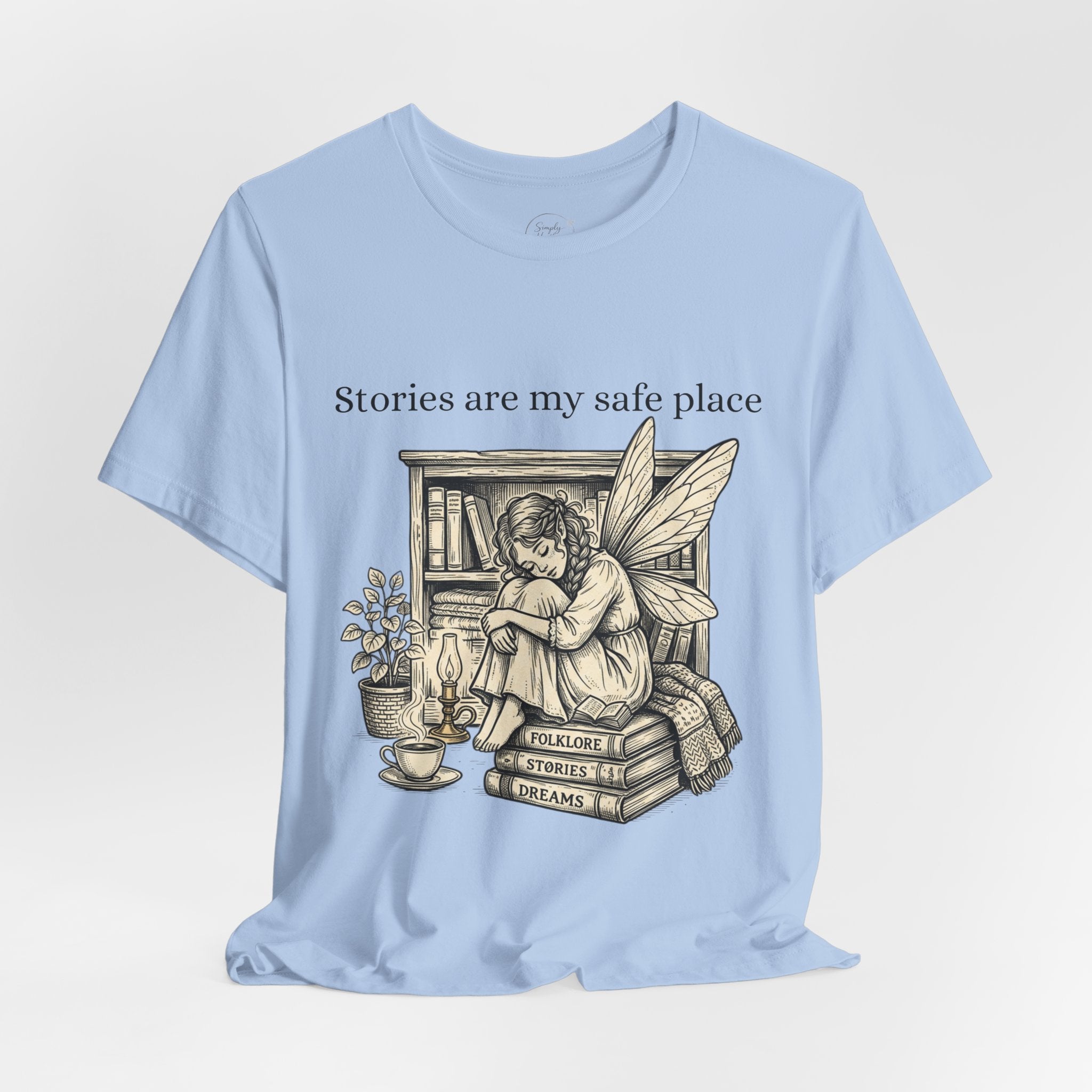 Fairy reading booklover T-shirt with "Stories Are My Safe Place" slogan, casual unisex tee from Printify