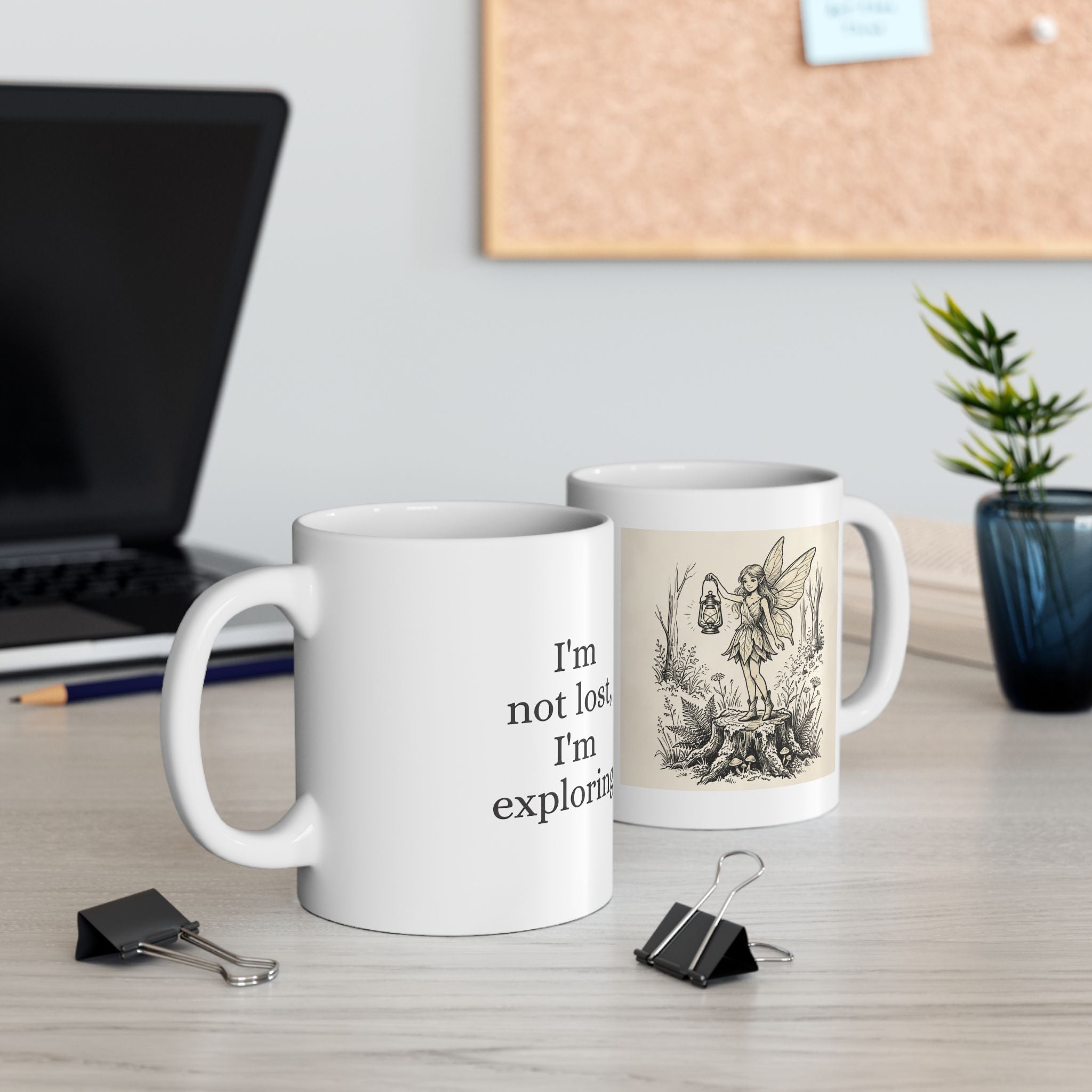 Vintage Woodland Fairy coffee mug with "I'm not lost, I'm exploring" quote, featuring enchanting fairy design by Printify.