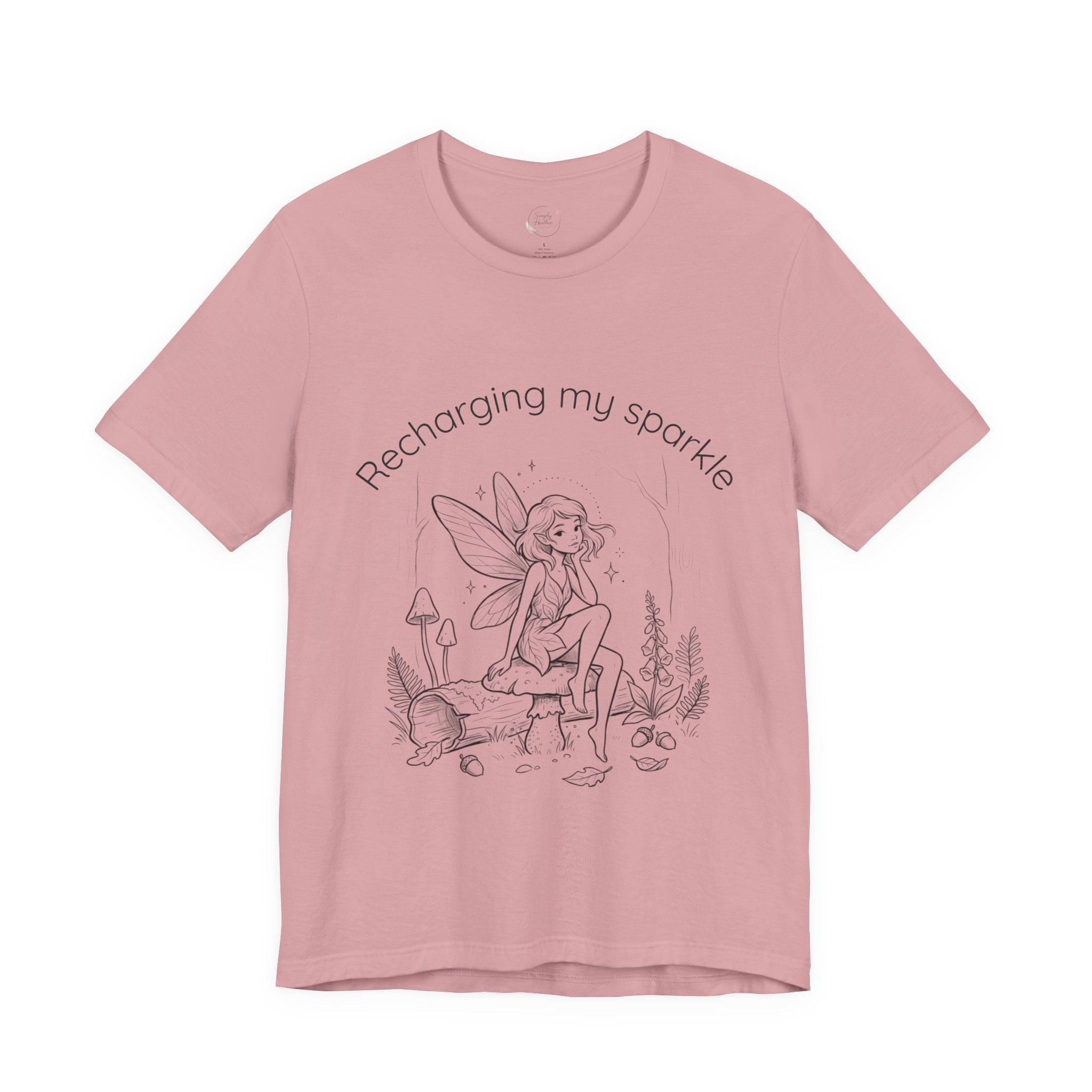 Vintage fairy graphic T-shirt with "Recharging My Sparkle" slogan, casual Printify tee featuring whimsical fairy artwork.