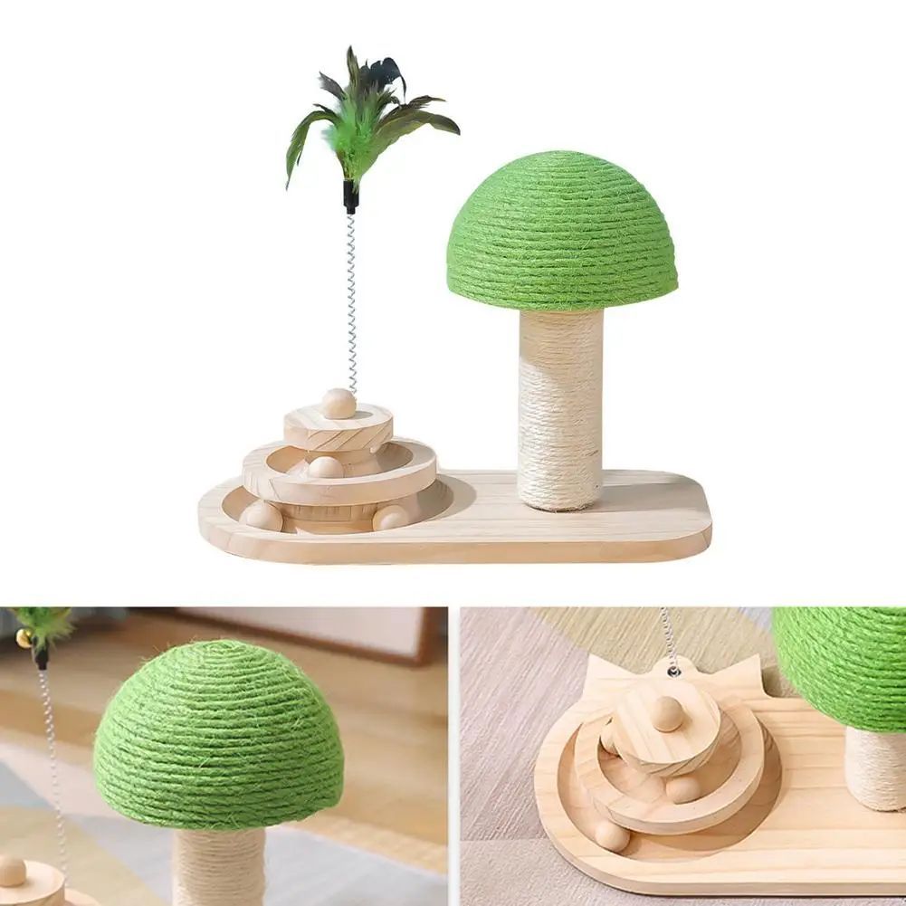 Wooden mushroom sisal rope cat scratching post with an interactive ball track, designed for cats and made by 24 Hour Crafts.
