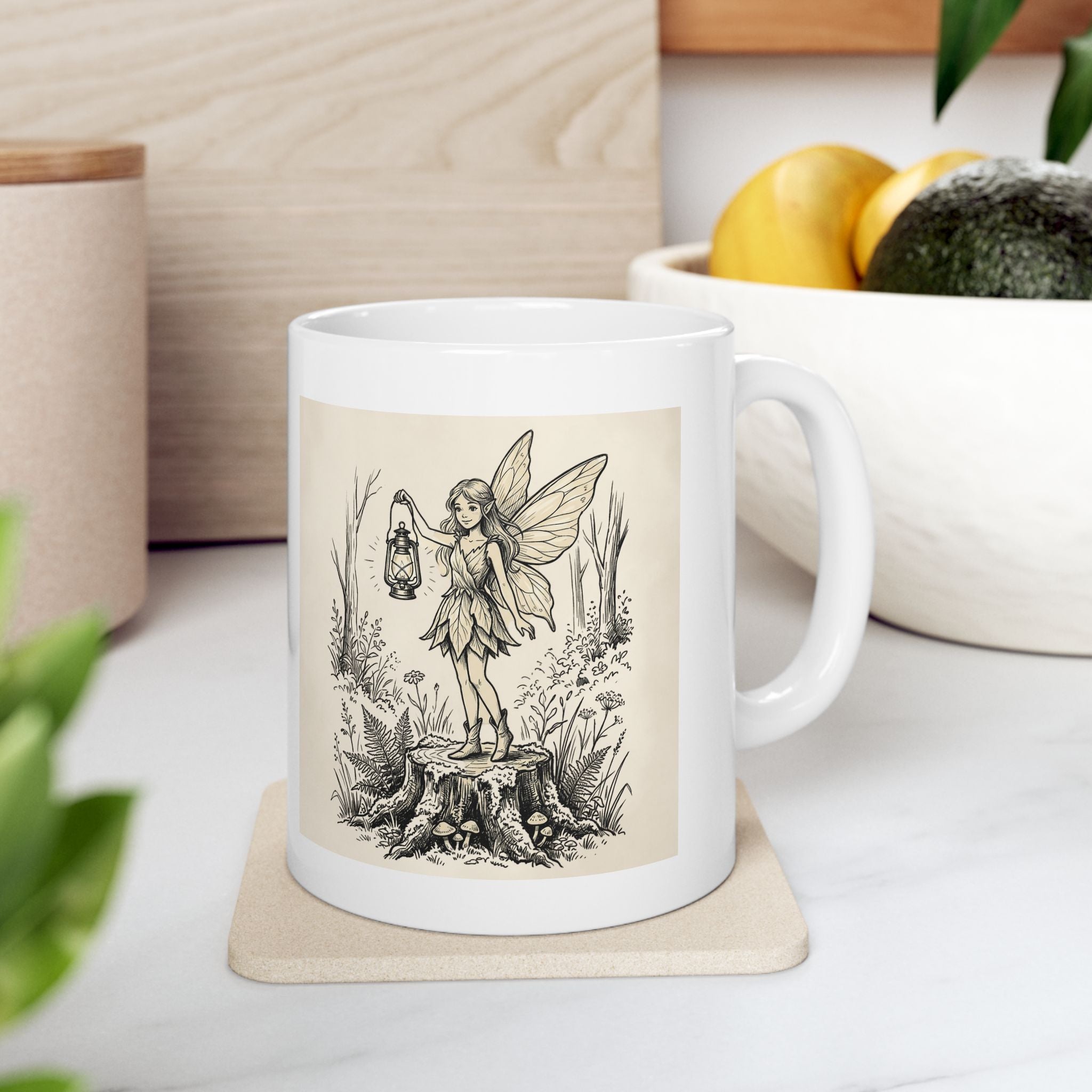 Vintage Woodland Fairy coffee mug with "I'm not lost, I'm exploring" quote, featuring whimsical fairy design on ceramic mug.