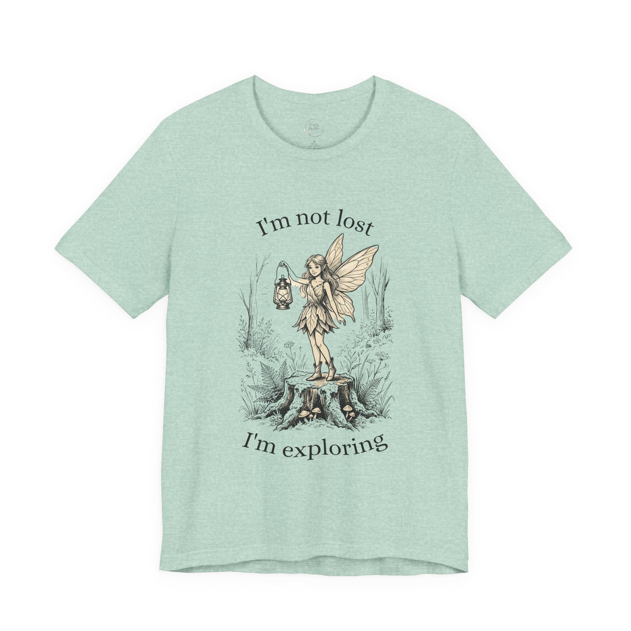 Fairy Exploration T-Shirt by Printify featuring a graphic with the text "I’m Not Lost, I’m Exploring" on a casual cotton tee.