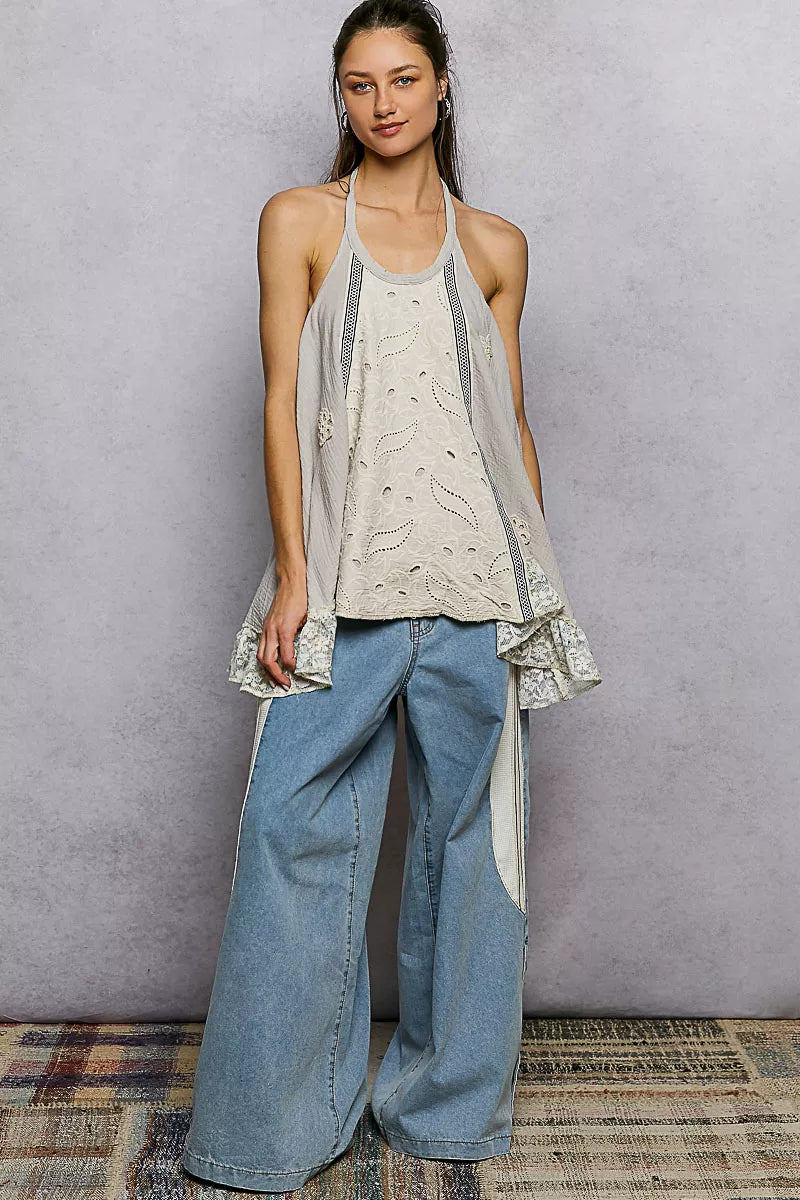 Light taupe lace ruffle halter neck blouse with crochet patch, double gauze fabric, stylish Trendsi fashion top.