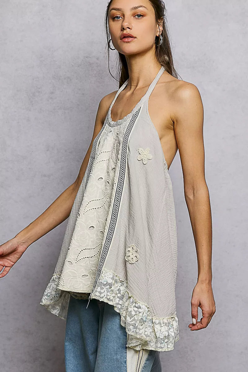 Light taupe lace ruffle halter neck blouse with double gauze fabric and crochet patch detail, stylish Trendsi women's top.