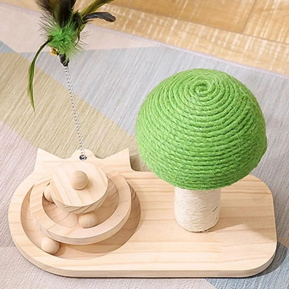 Sisal rope cat scratching post with wooden base featuring an interactive ball track and ball for feline play and scratching.