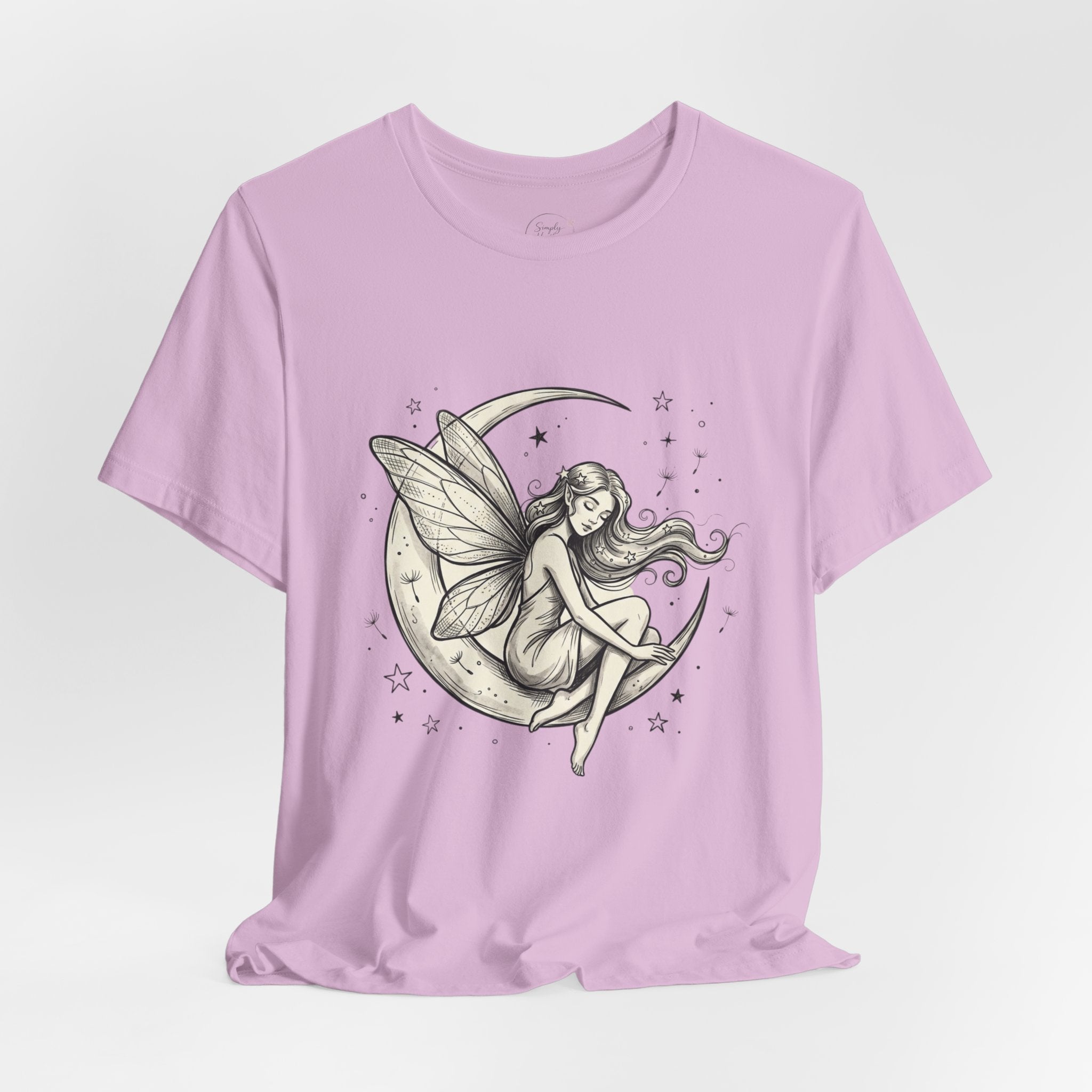 Moon Fairy T-Shirt with whimsical celestial graphic print, featuring a fairy and stars on a comfortable cotton tee.